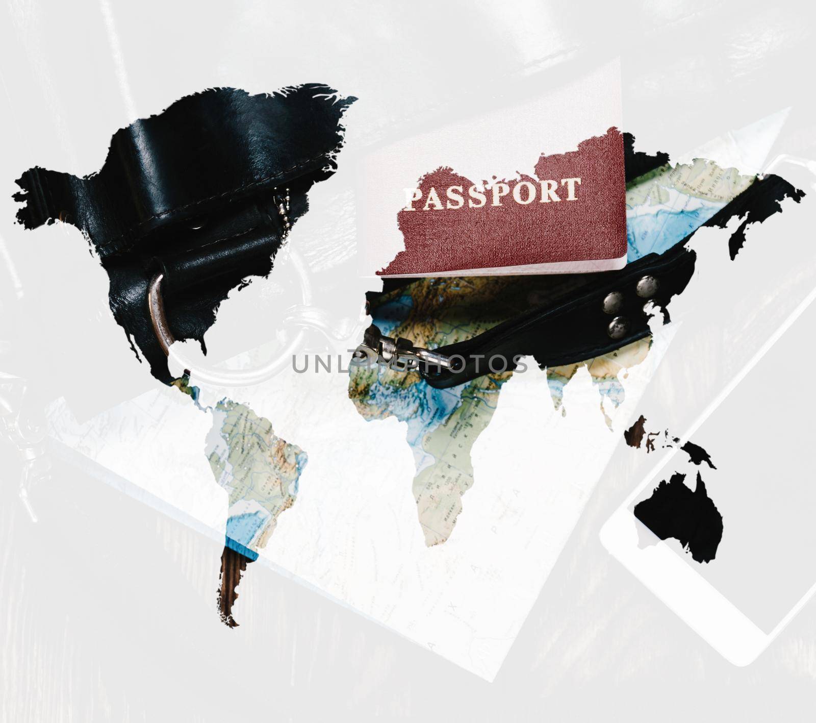 Double exposure of bag and passport with map of world, concept of travel.
