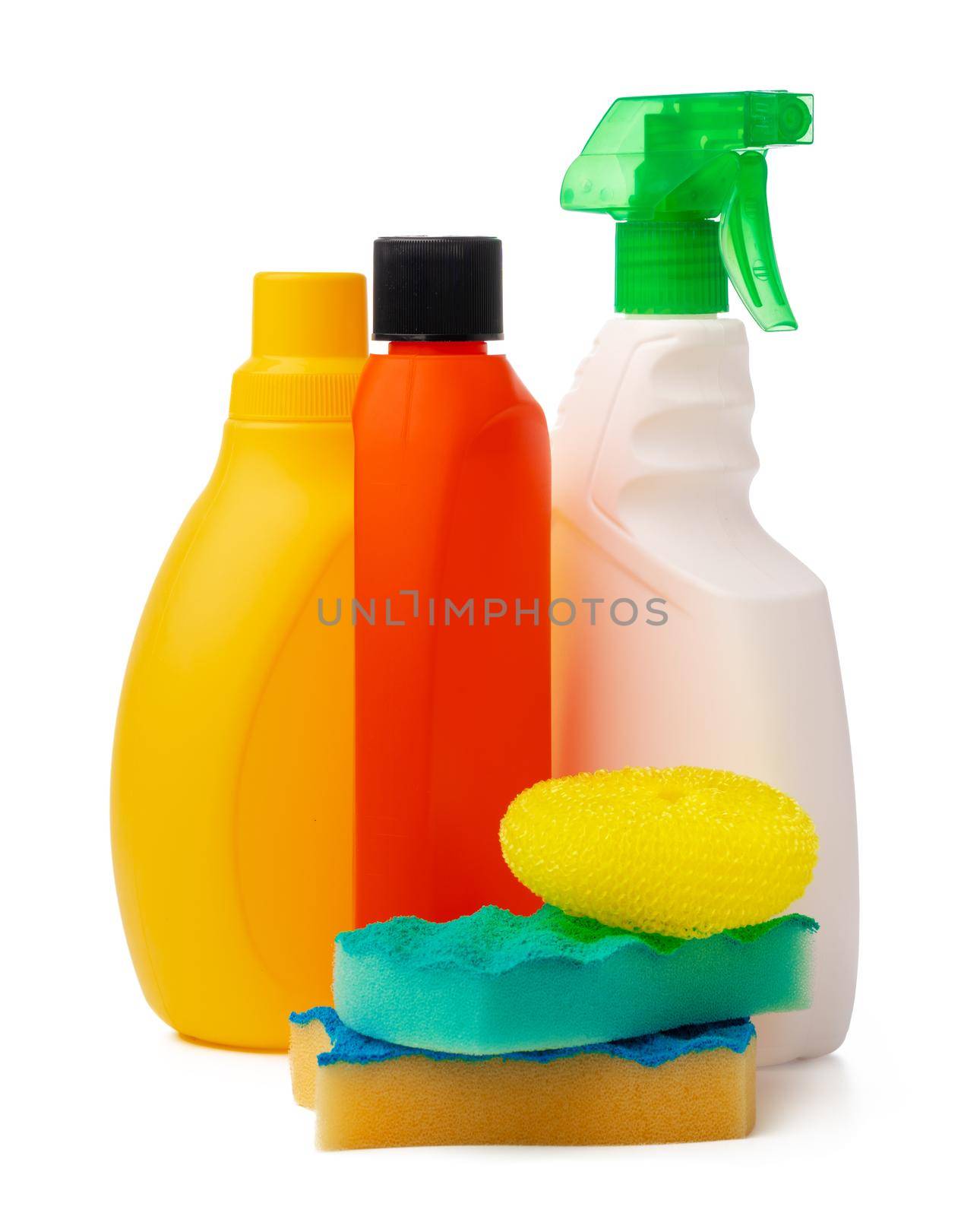 Bottles with cleaning products and sponge on a white isolated background, copy space