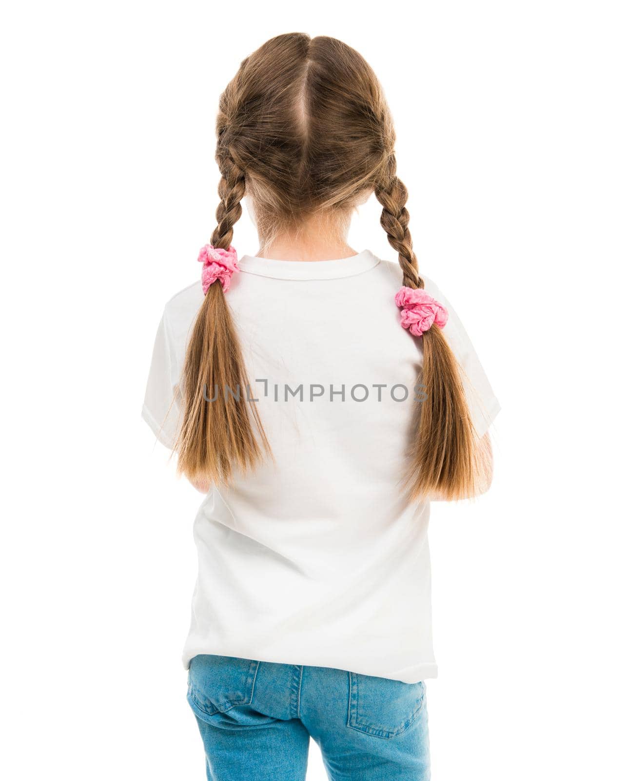 cute girl in white t-shirt, back against a white background