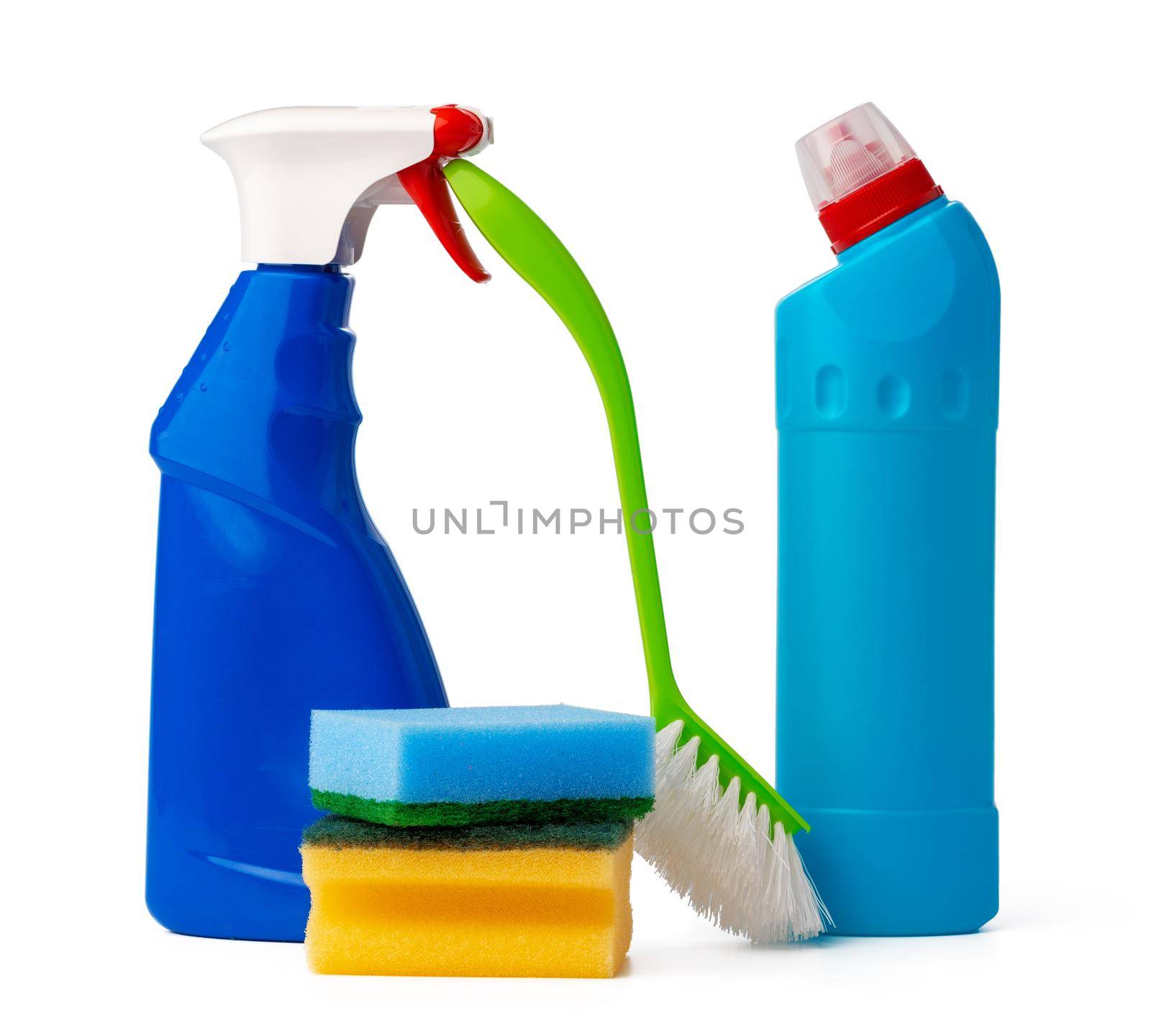 Sanitary household cleaning items isolated on white background, close up