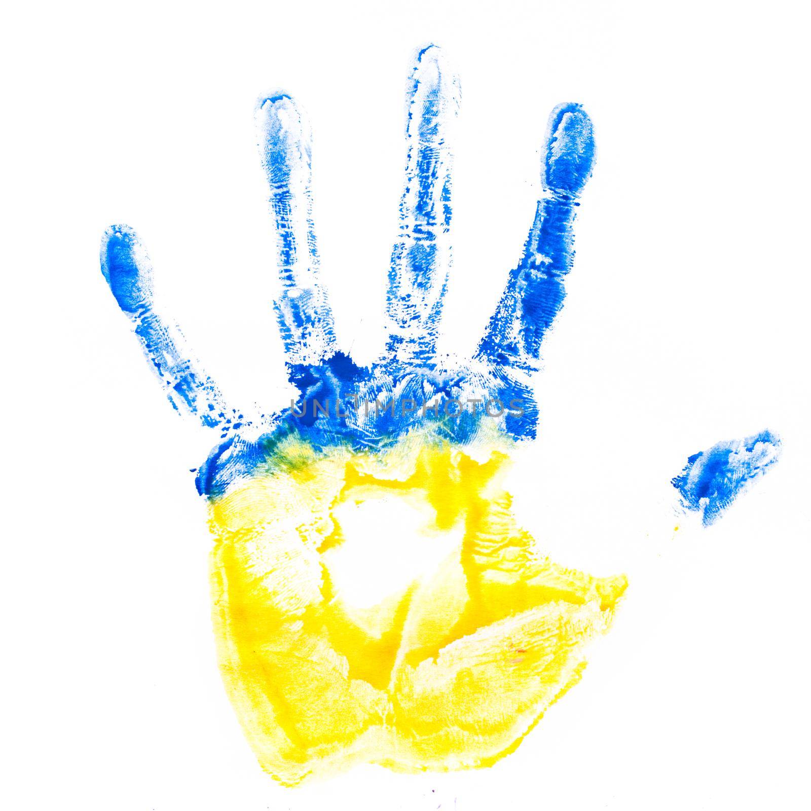 Child's hand imprint in colors of Ukraine flag isolated on white