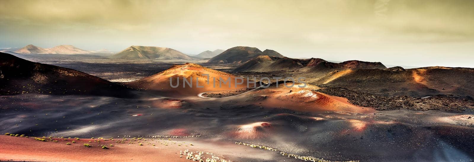 beautiful mountain landscape with volcanoes in Timanfaya National Park in Lanzarote, Canary Islands