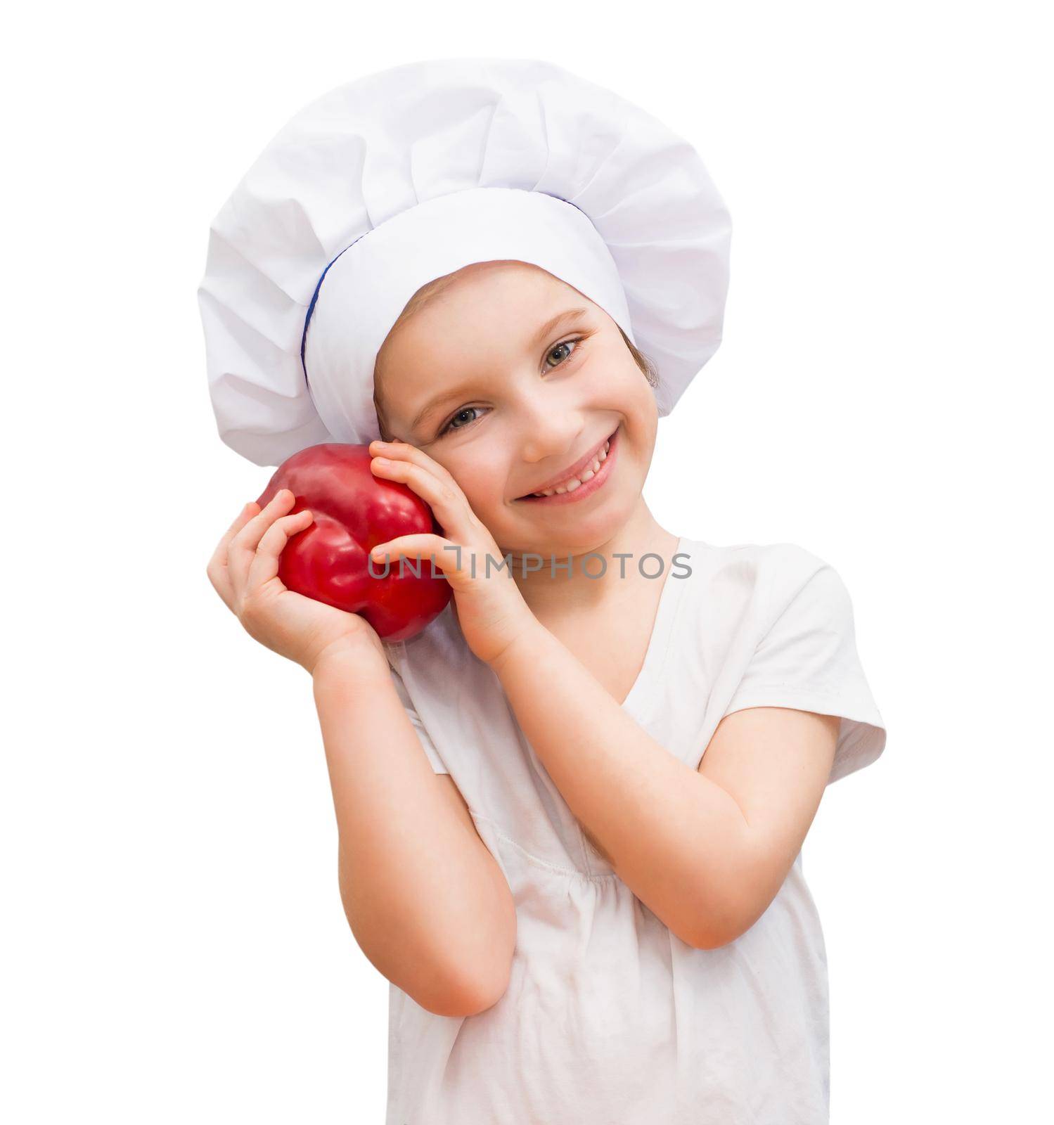 little girl in a cap chef with Pepper isolated on a white background