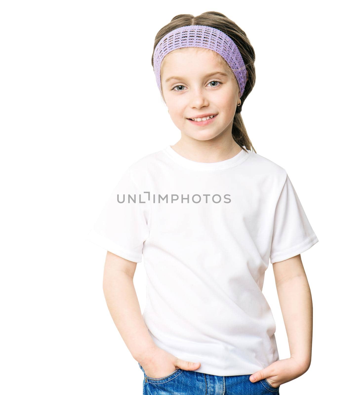 little girl in a white tshirt isolatet on a white background