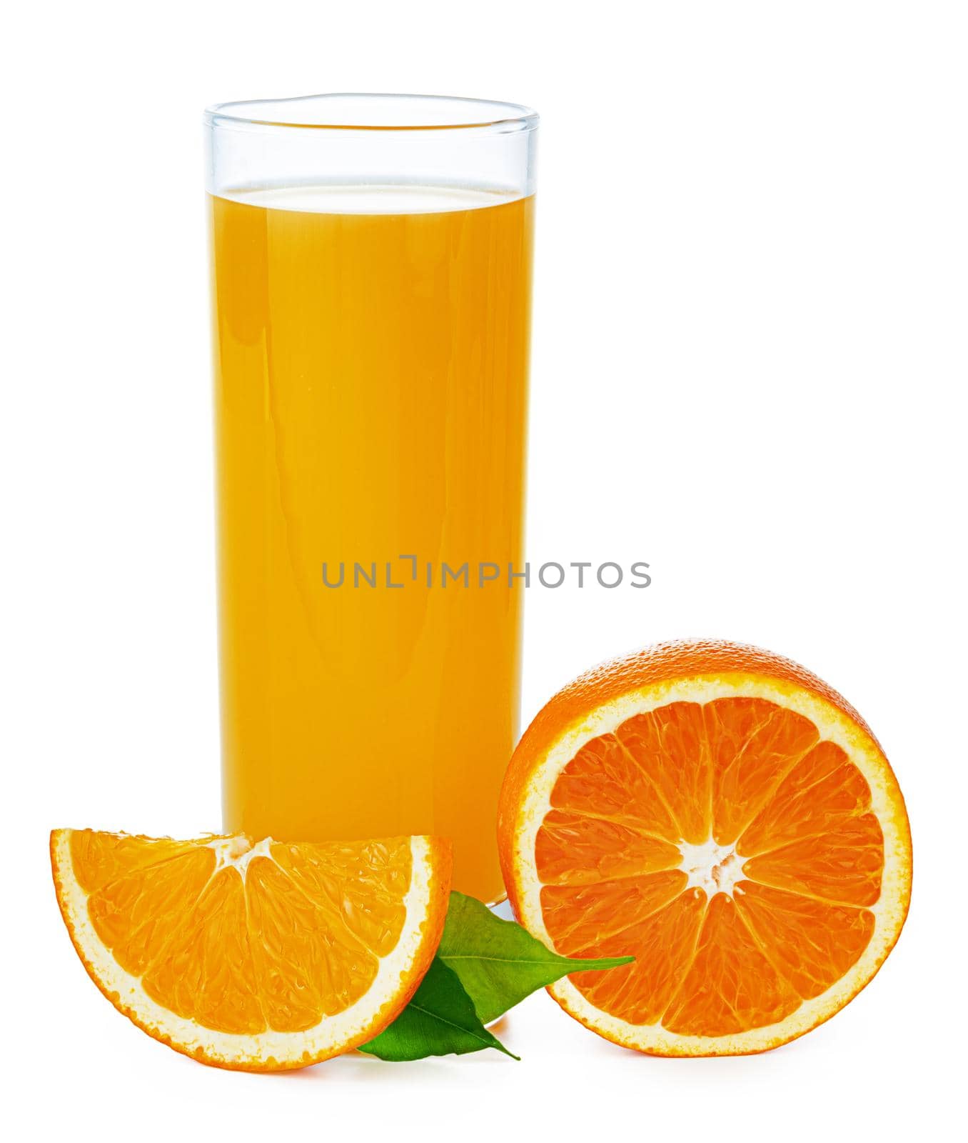 Fresh orange juice in glass isolated on white background