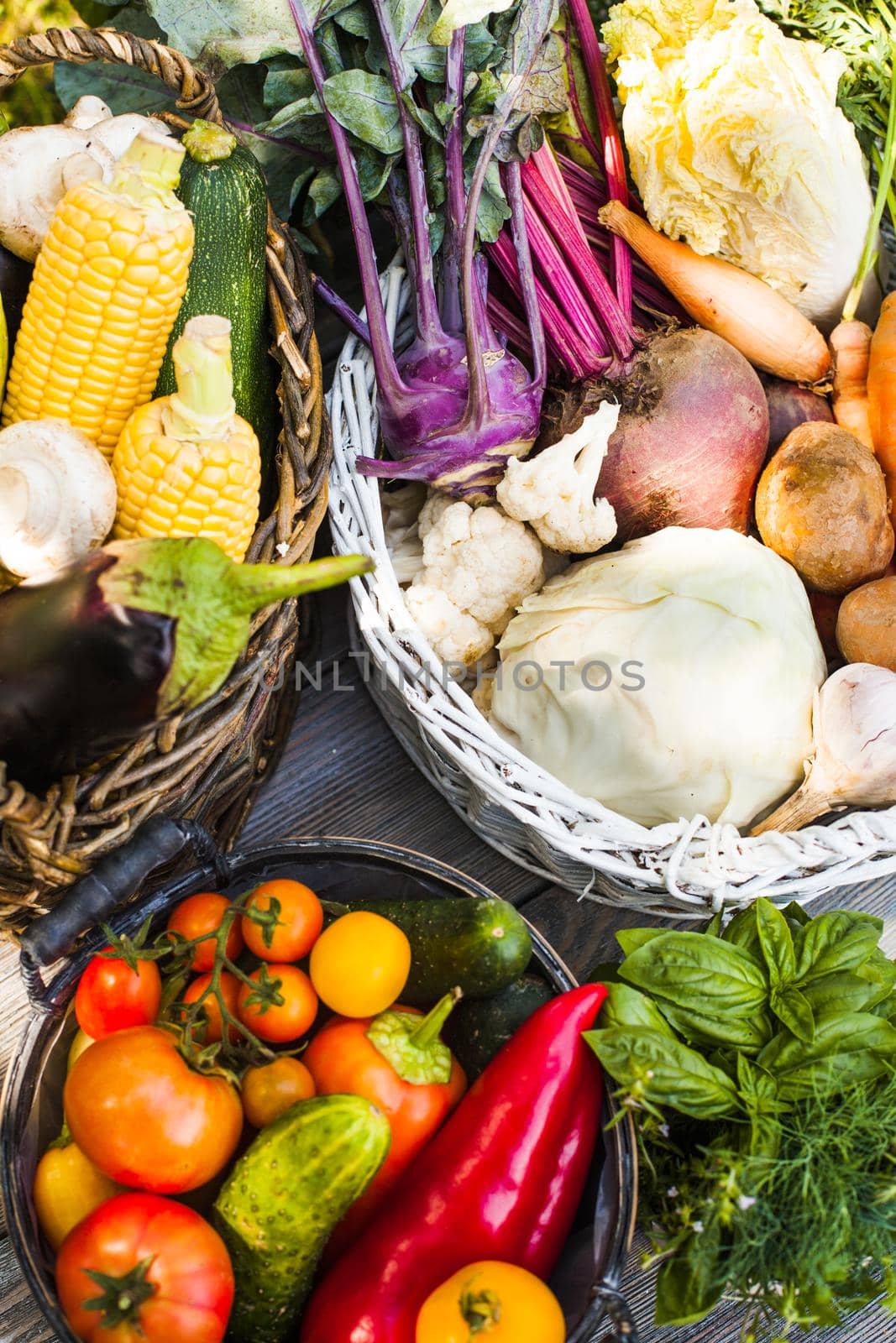 Various vegetables on a wooden table - healthy still life