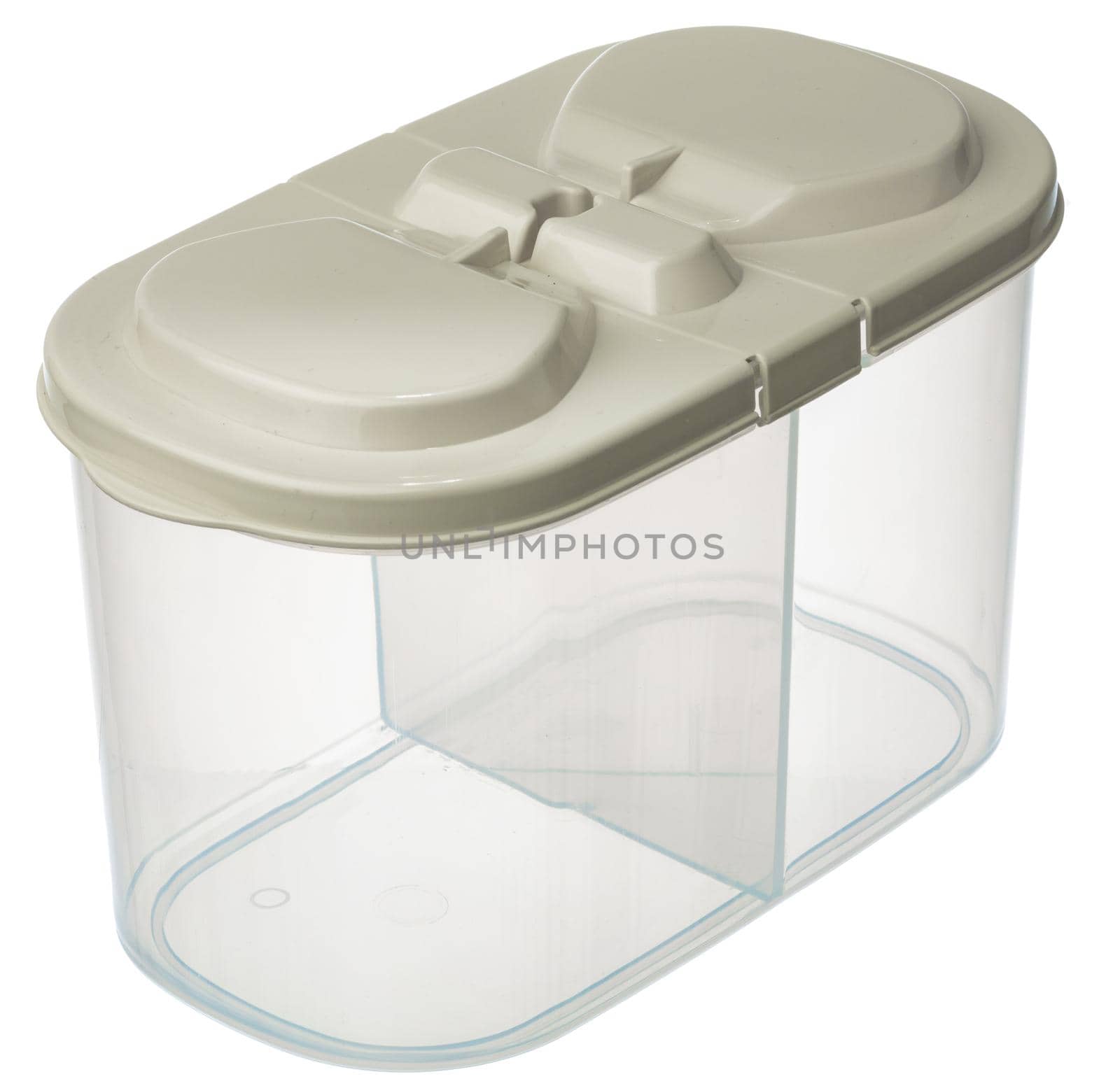 Empty plastic storage jar isolated on white background
