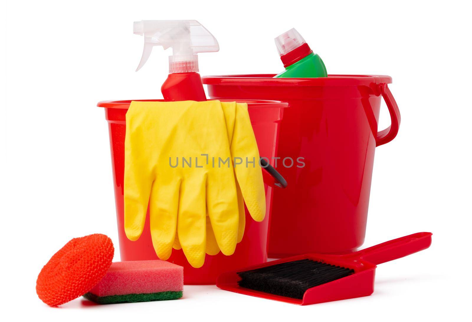 Red bucket with cleaning supplies isolated on white background, close up