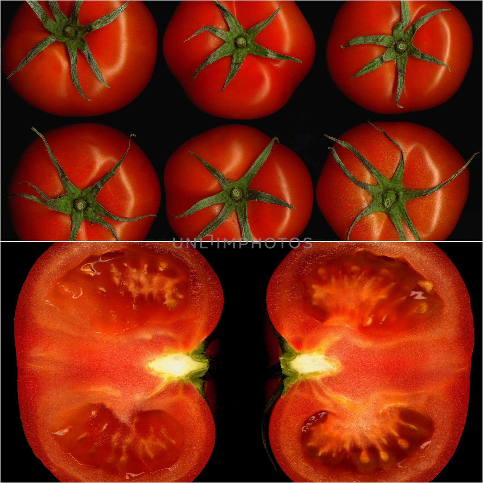 tomatoes collage composition nested on a black square frame