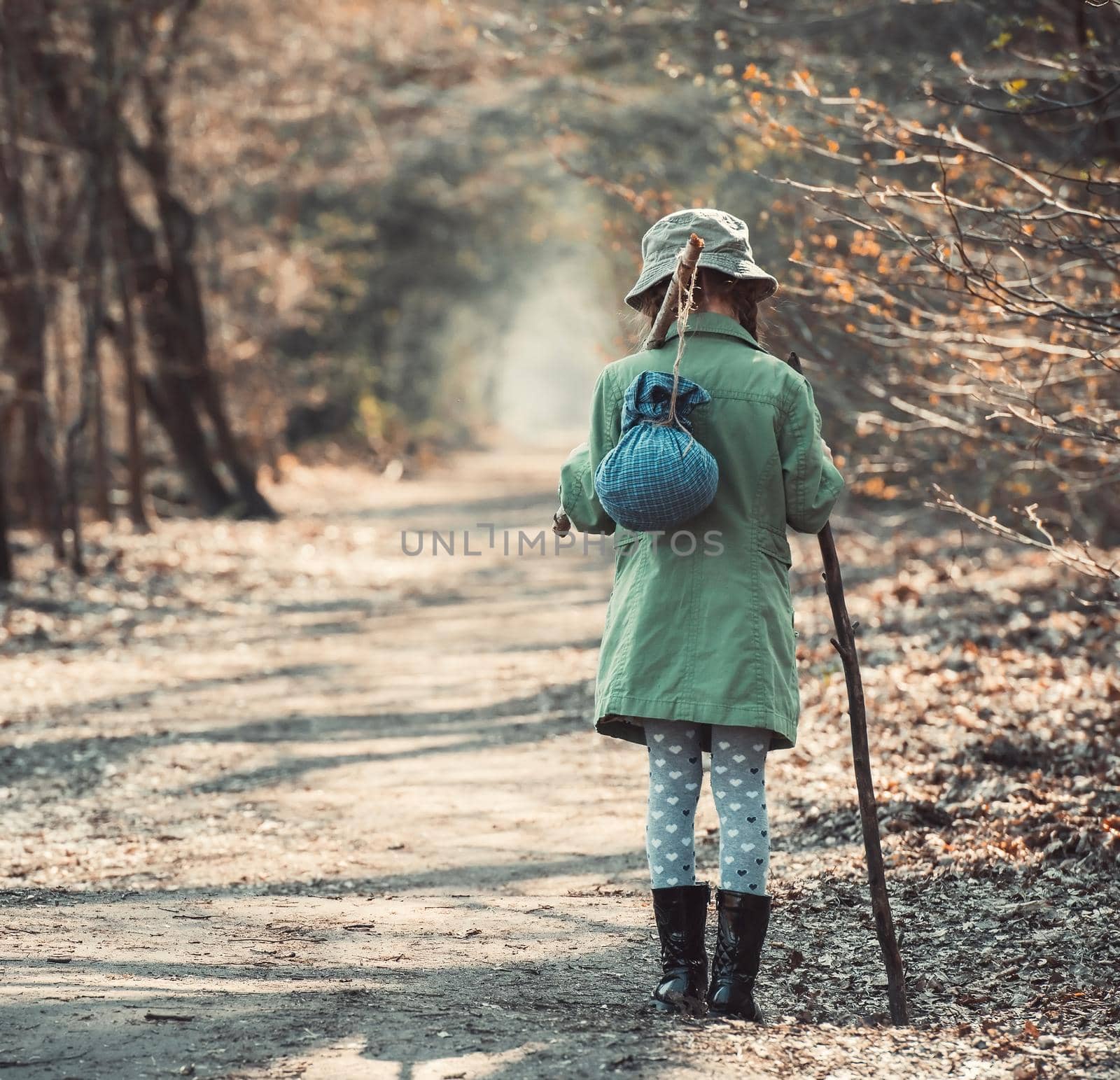 little girl goes on a footpath in the forest photo in retro style