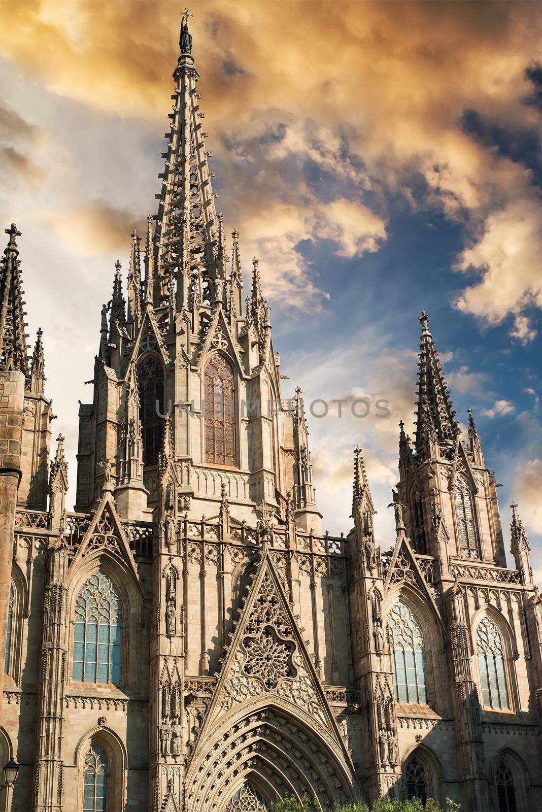 Cathedral of the Holy Cross and Saint Eulalia at sunset in Barcelona, Spain