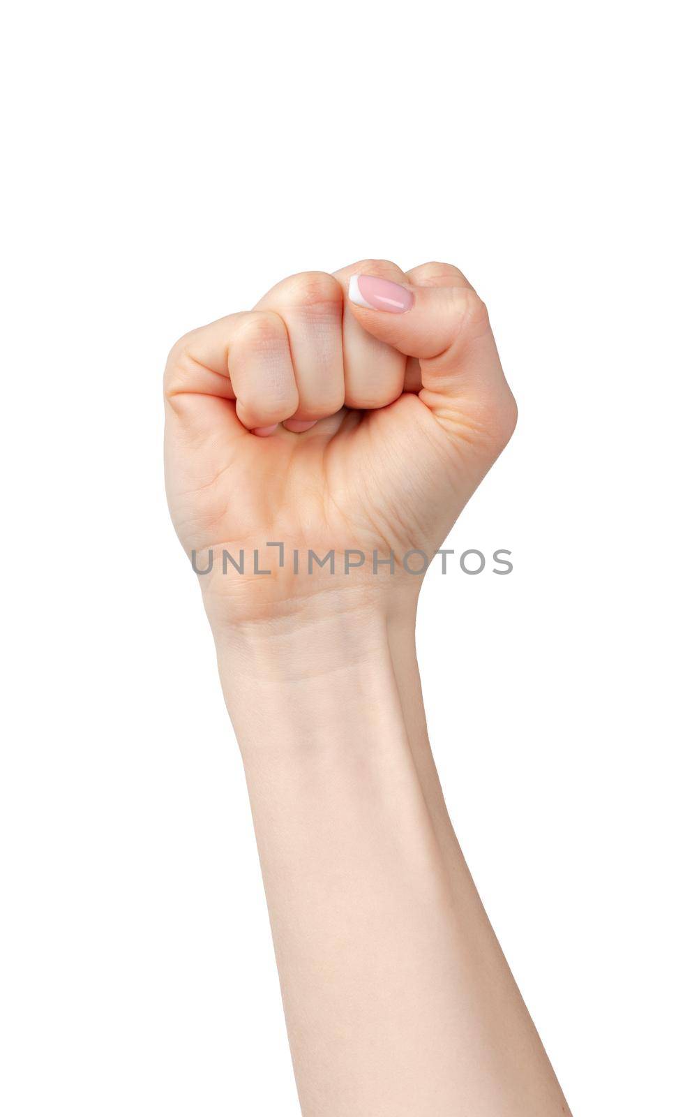 Female fist raised up isolated on white background, copy space