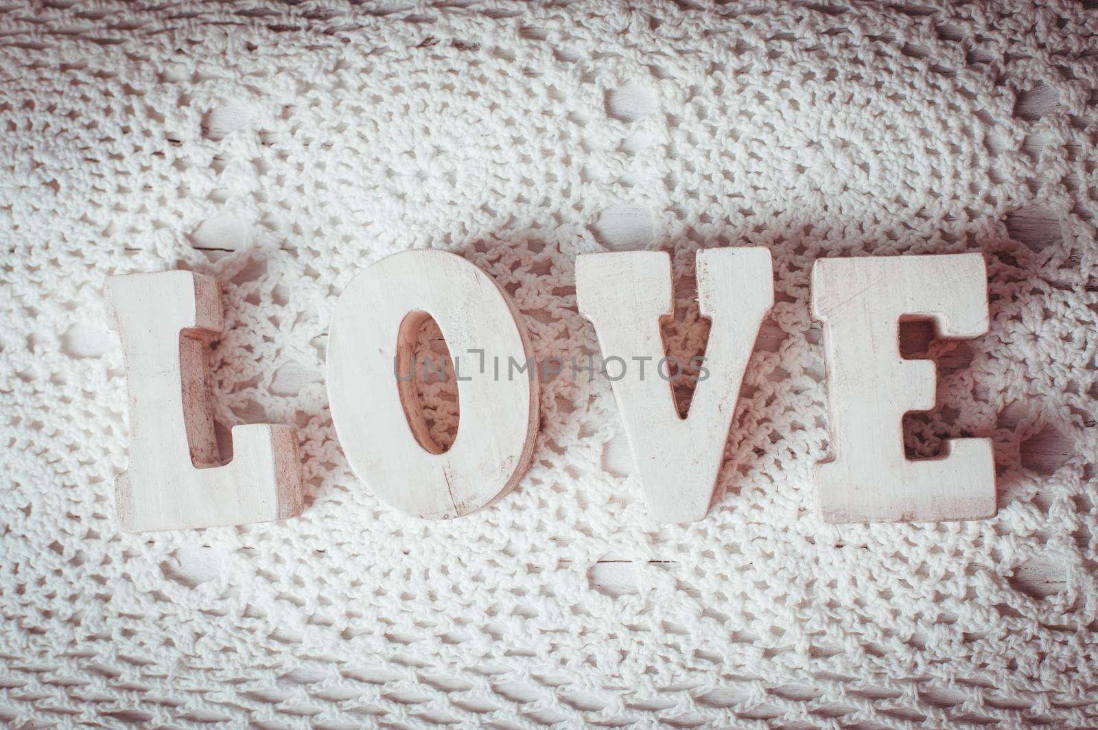 Love wooden letters on the crochet doily, vintage styled