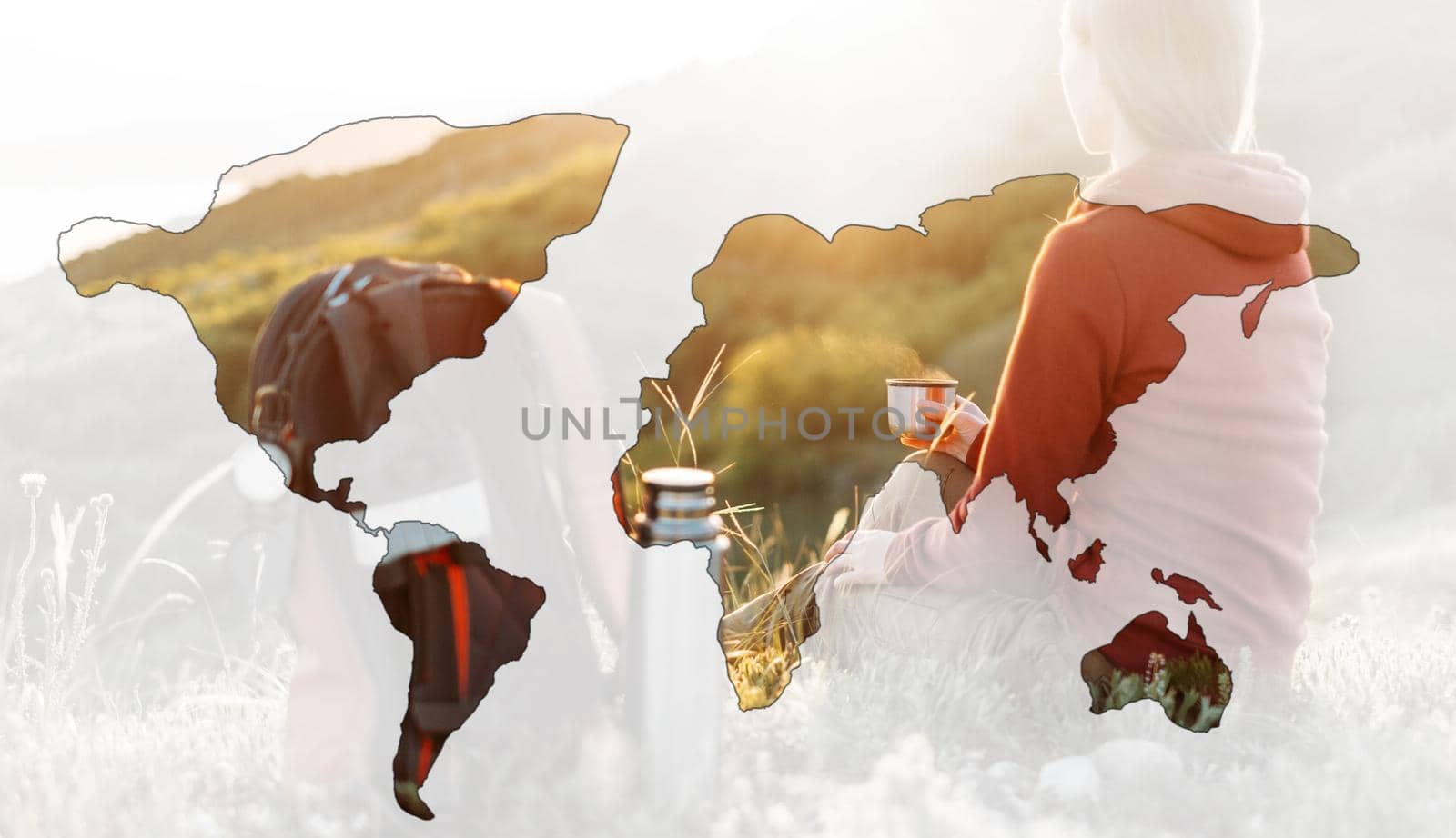 Double exposure of traveler woman with cup of hot tea or coffee outdoor with map of world.