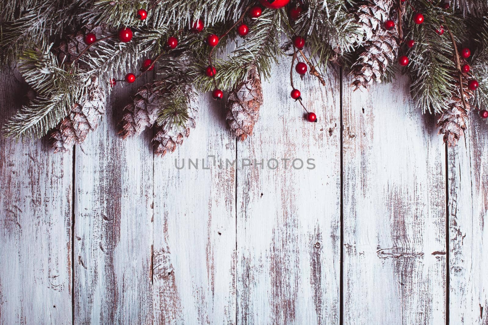 White shabby Christmas border with snow covered pinecones