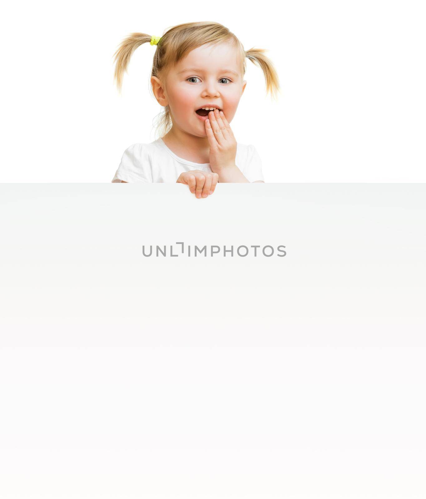 little child with board isolated on a white background