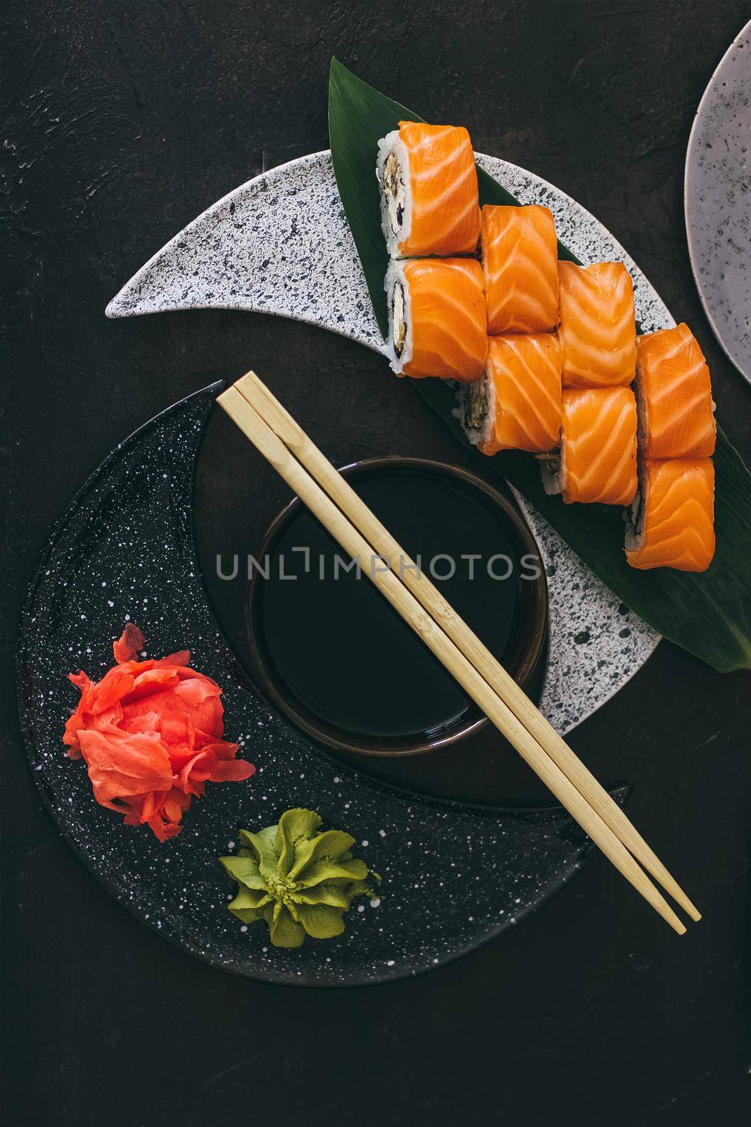 Sushi with salmon, cream cheese Philadelphia, cucumber and wasabi.