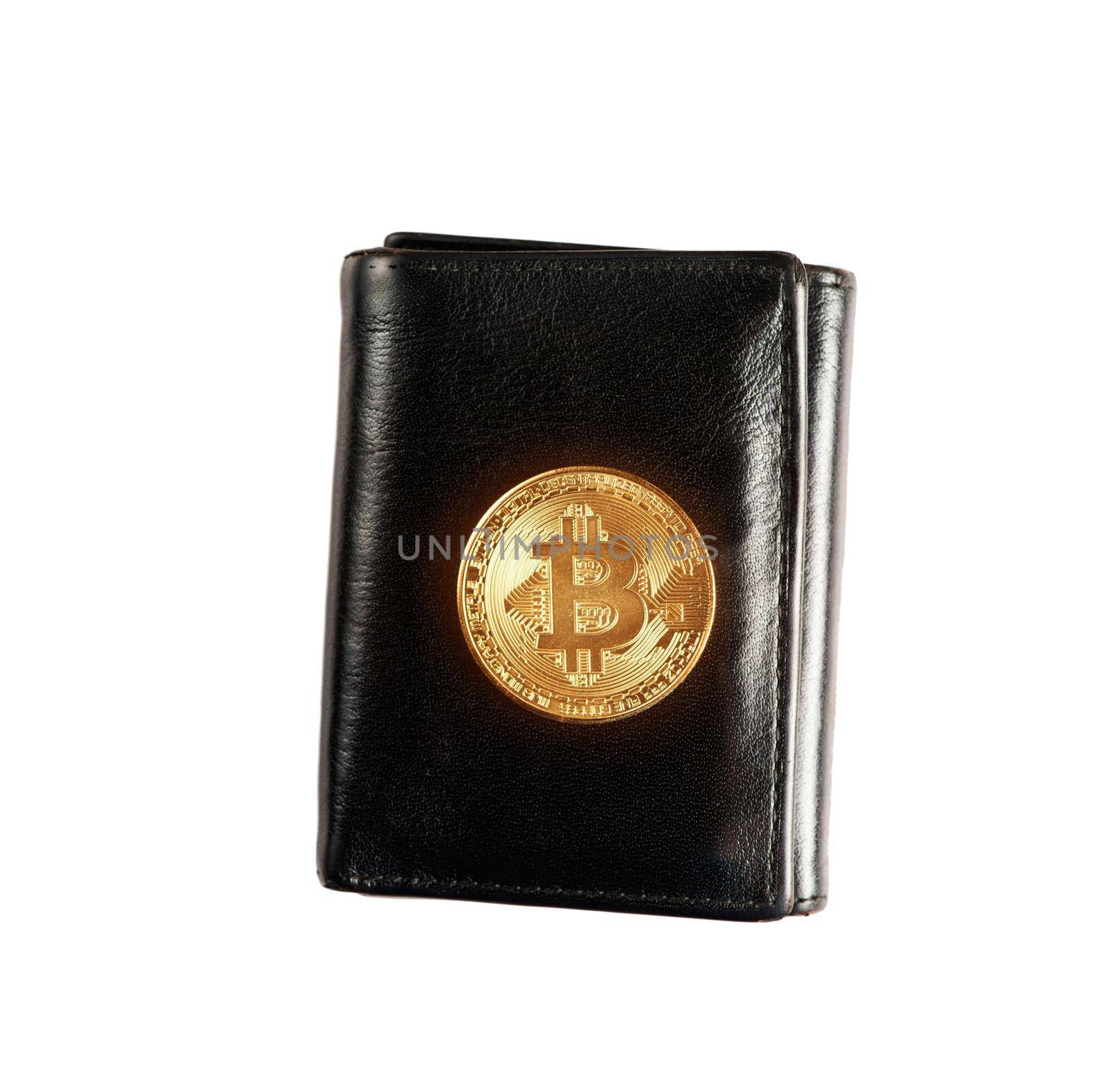 Symbol of virtual money – one gold bitcoin on purse on a white background.