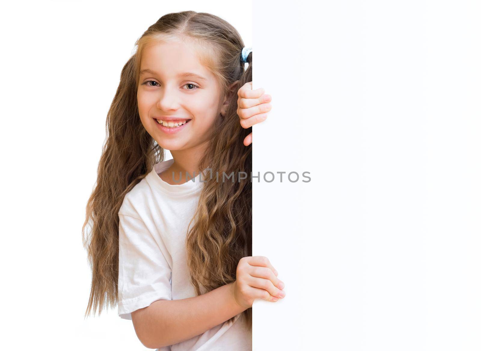 pretty girl with board isolated on a white background