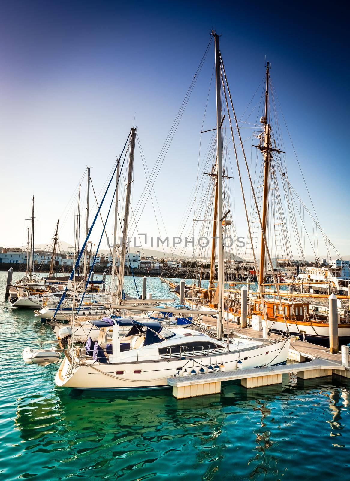 yachts in bay near a city in evening