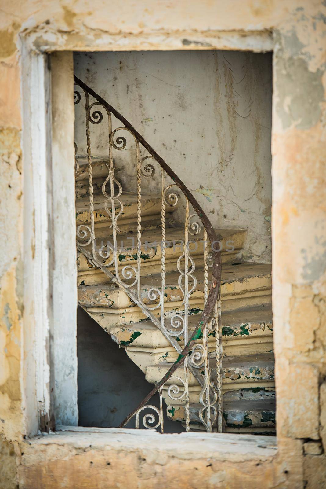 old ruined vintage stairs in a building of historical center of Valletta in Malta