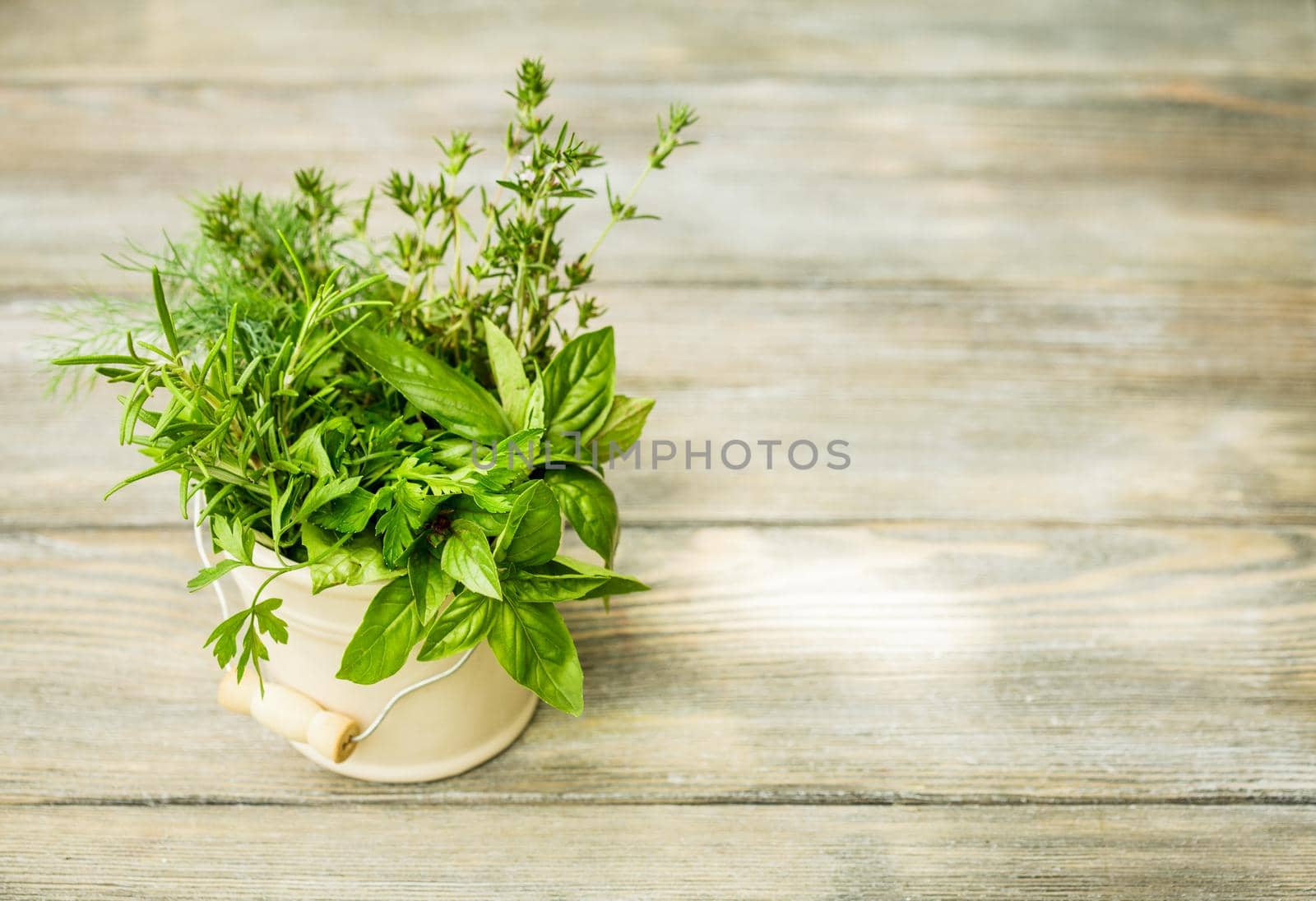 Fresh herbs outdoor on the wooden table