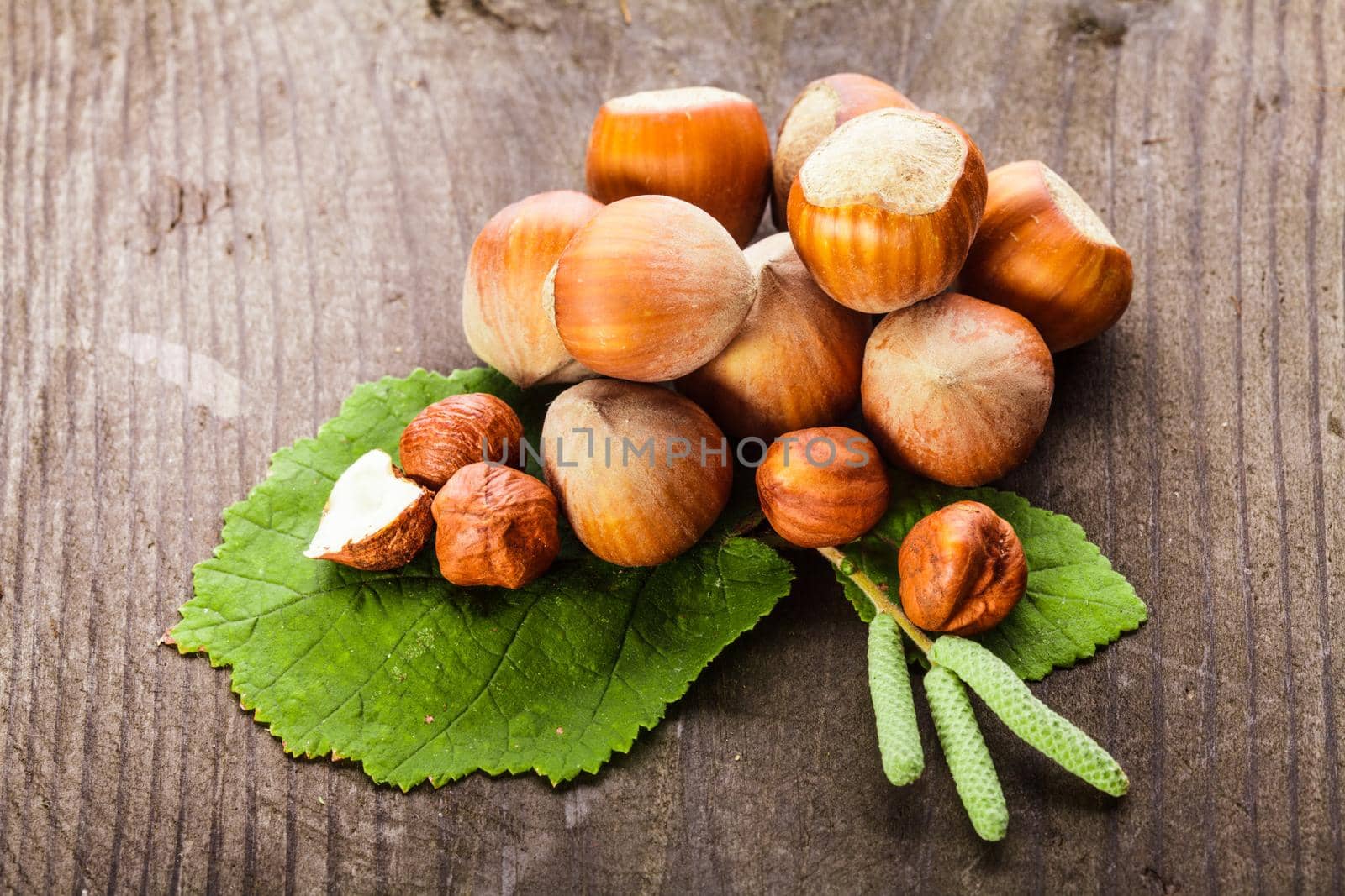 Hazelnuts with shell and green leaf on the wooden table