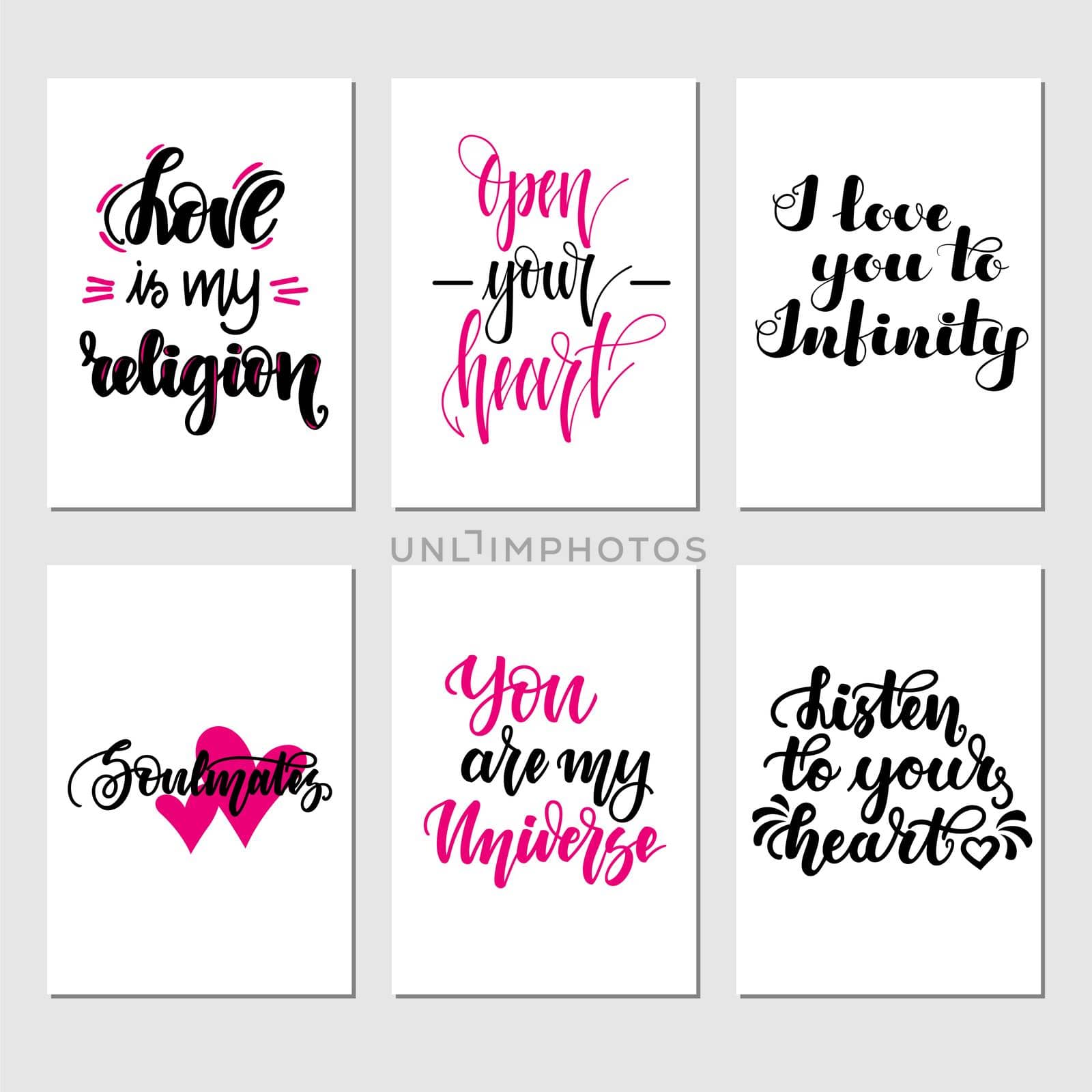 Set of inspirational romantic greeting card with hand lettering. illustration for Valentines day greeting cards, posters, banners and much more by Marin4ik