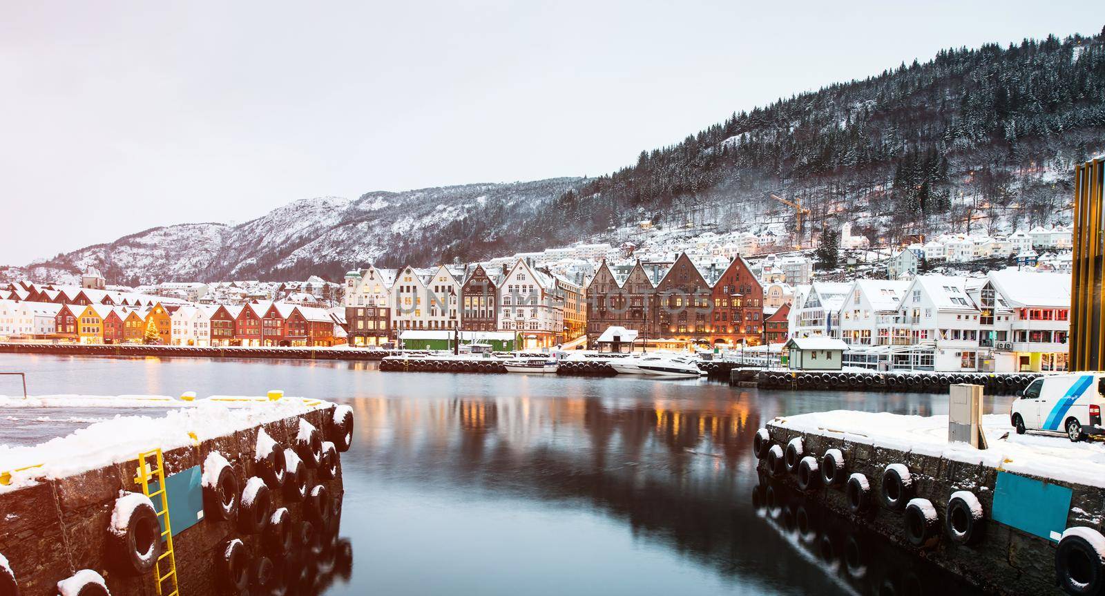 Bryggen street with wooden colored houses in Bergen at Christmas, Norway