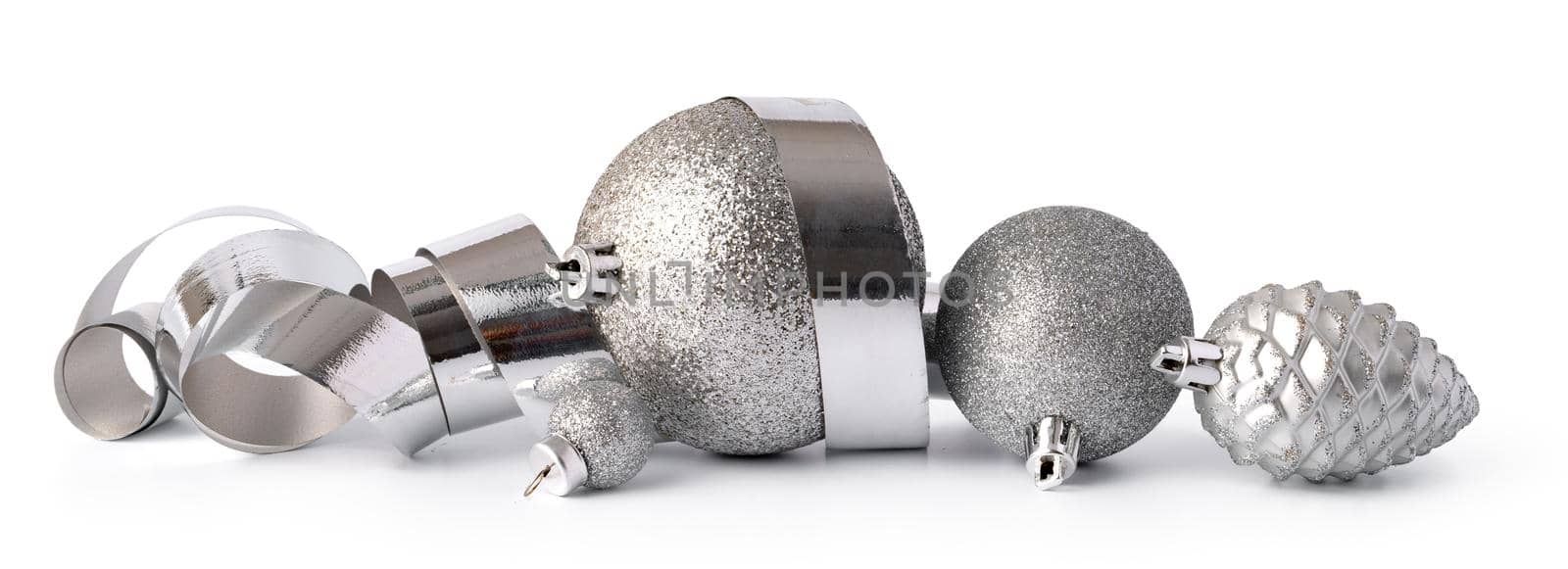 Silver sparkling Christmas baubles isolated on white background by Fabrikasimf