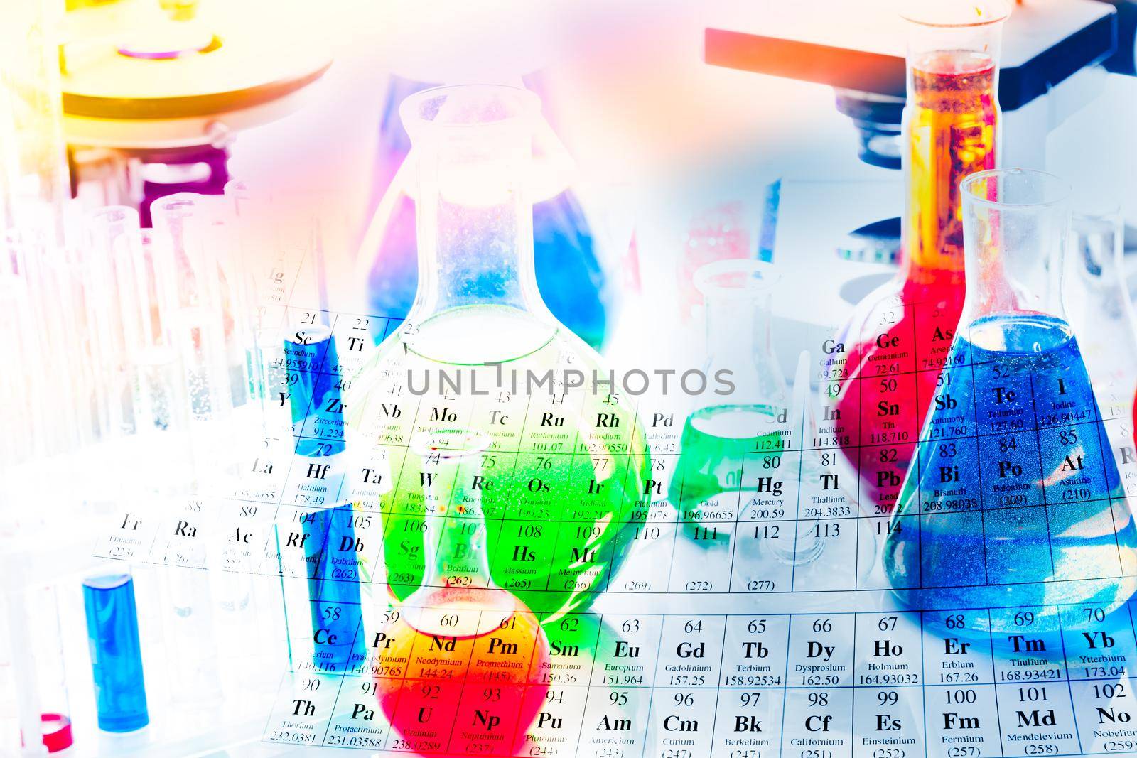 Chemistry equipment, close up flask with liquid