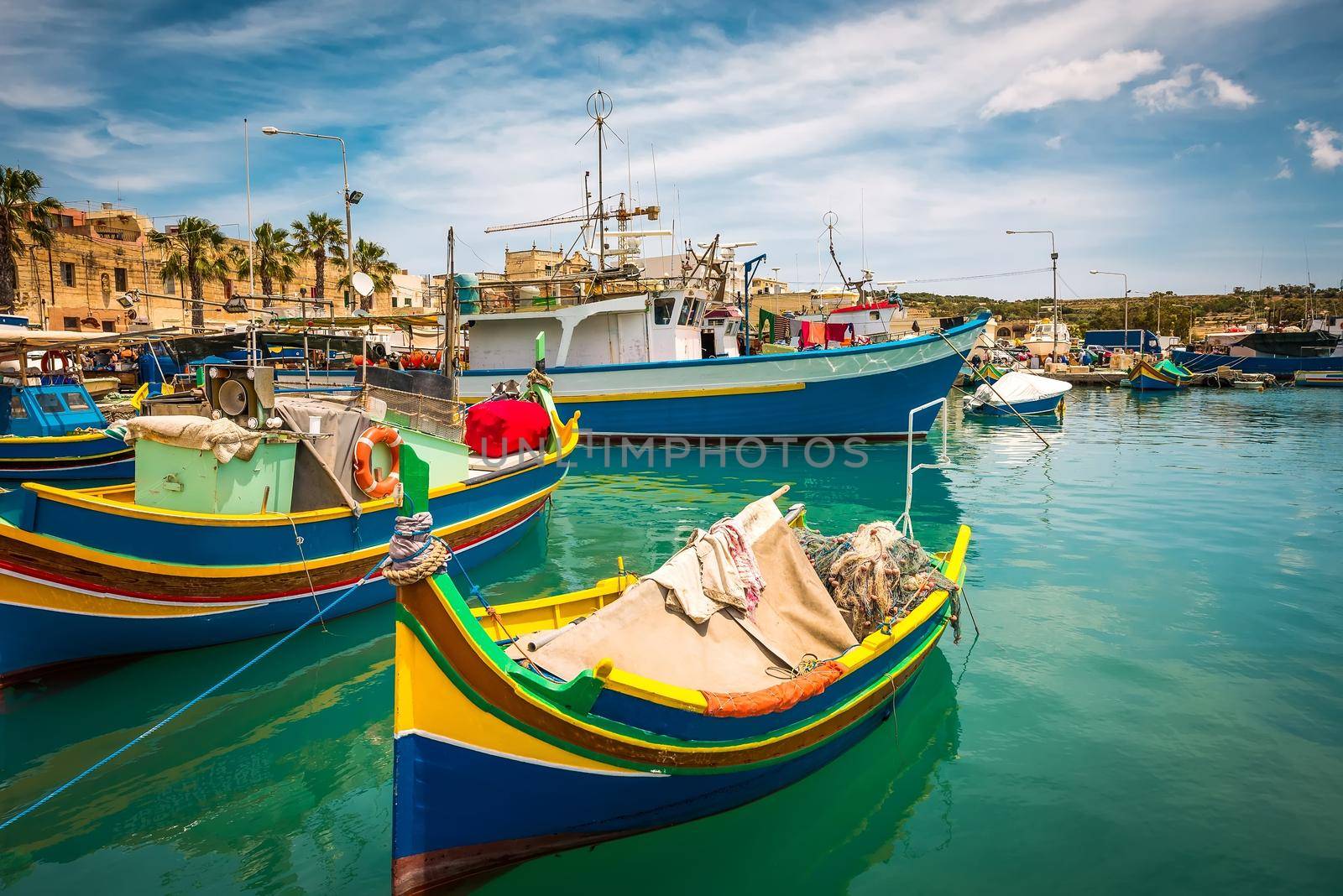 colorful fishing boat in the bay near Marsaxlokk in Malta