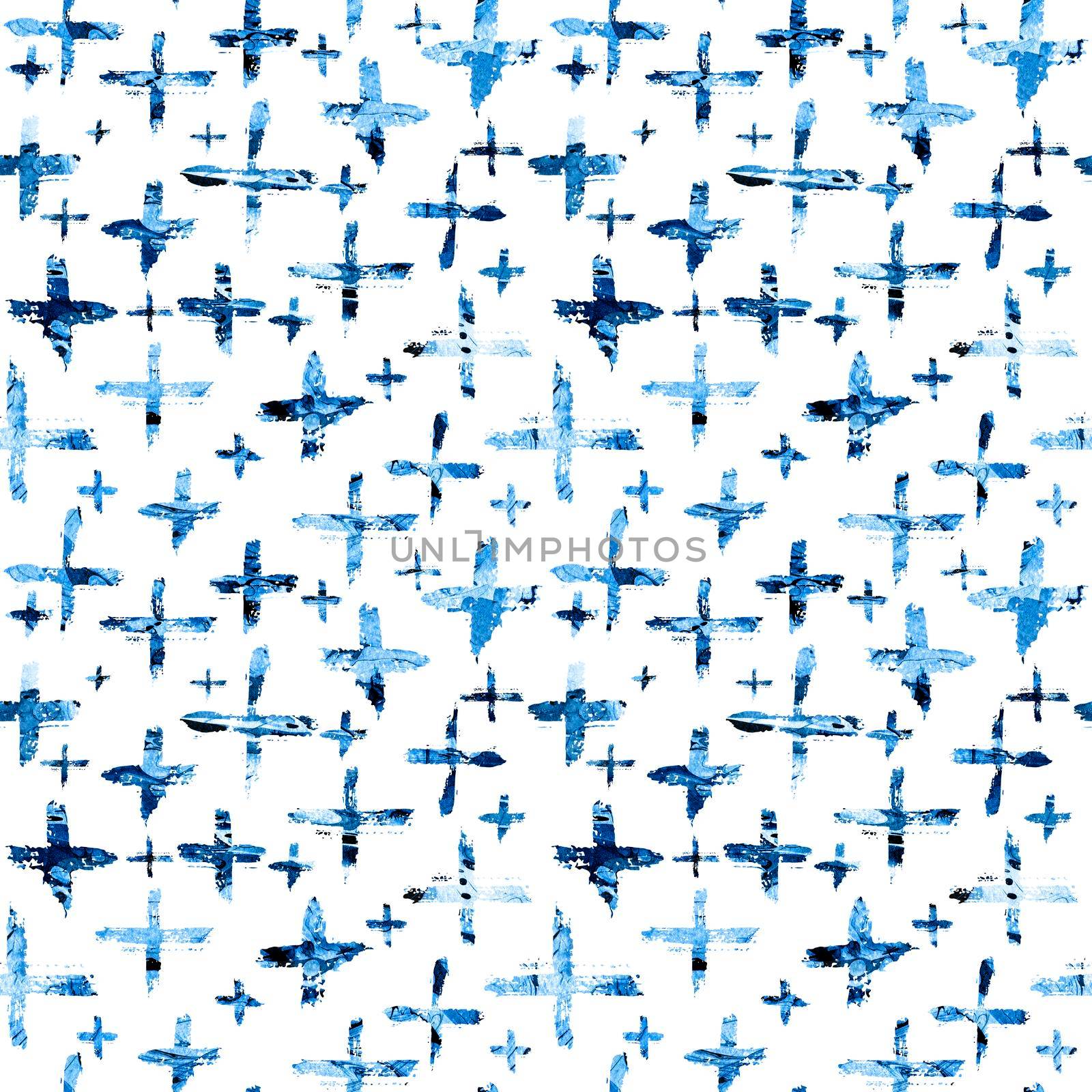 Watercolor seamless pattern with brush cross and strokes. Blue color on white background. Hand painted grange texture. Ink geometric elements. Fashion modern style. Endless fabric print