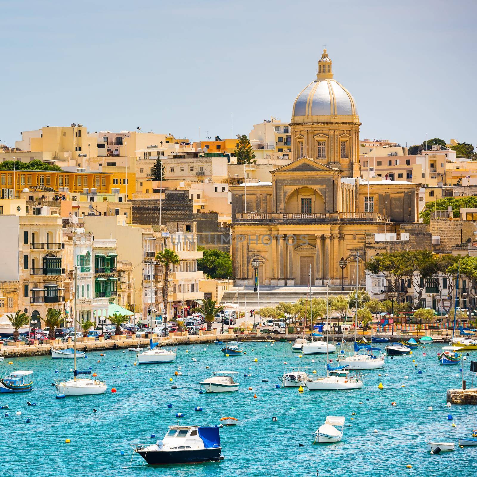 many little yachts and boats from plan wiev to the bay near Valletta in Malta