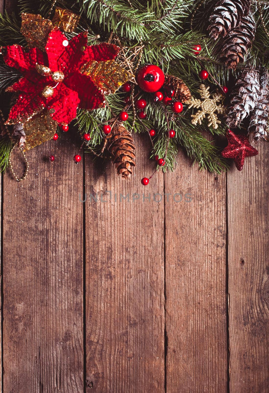 Christmas border design on the wooden background