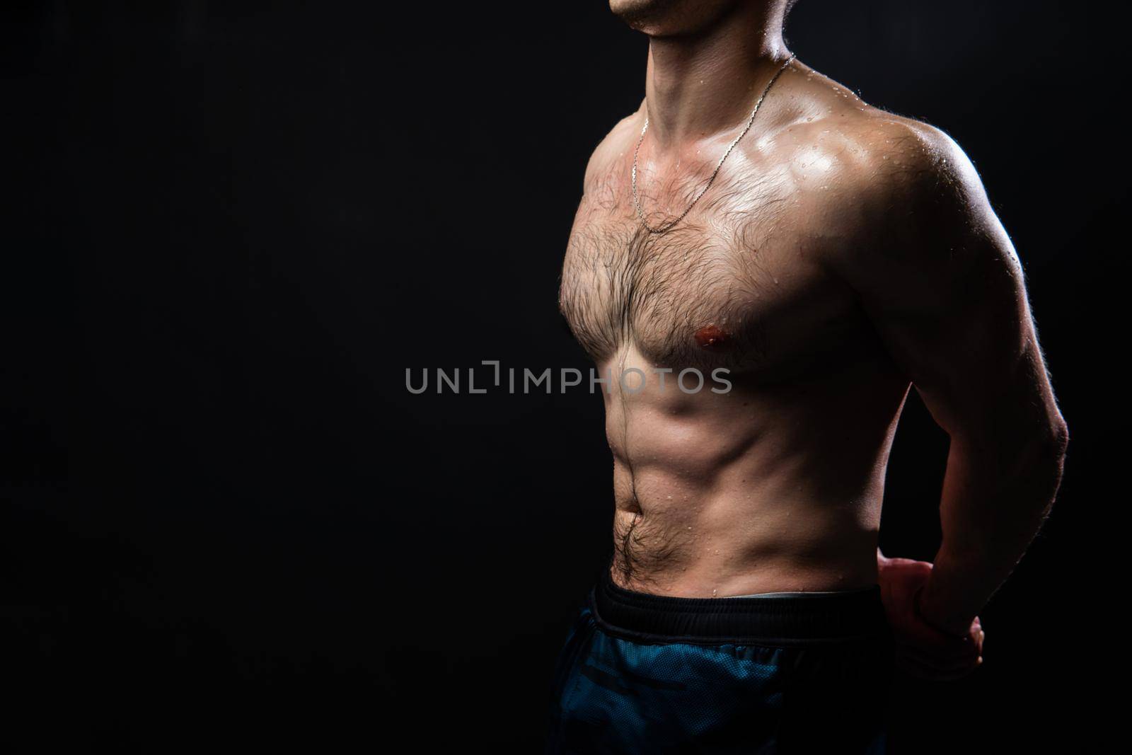 Man on black background keeps dumbbells pumped up in fitness chest torso, arm muscular man athletic powerful, shirtless lifestyle. Attractive sportive metal, gym fit hands behind your back, press tense beautiful body