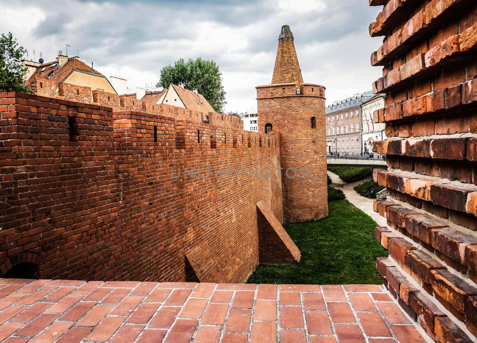 view on Barbakan walls and towers in Warsaw in Poland