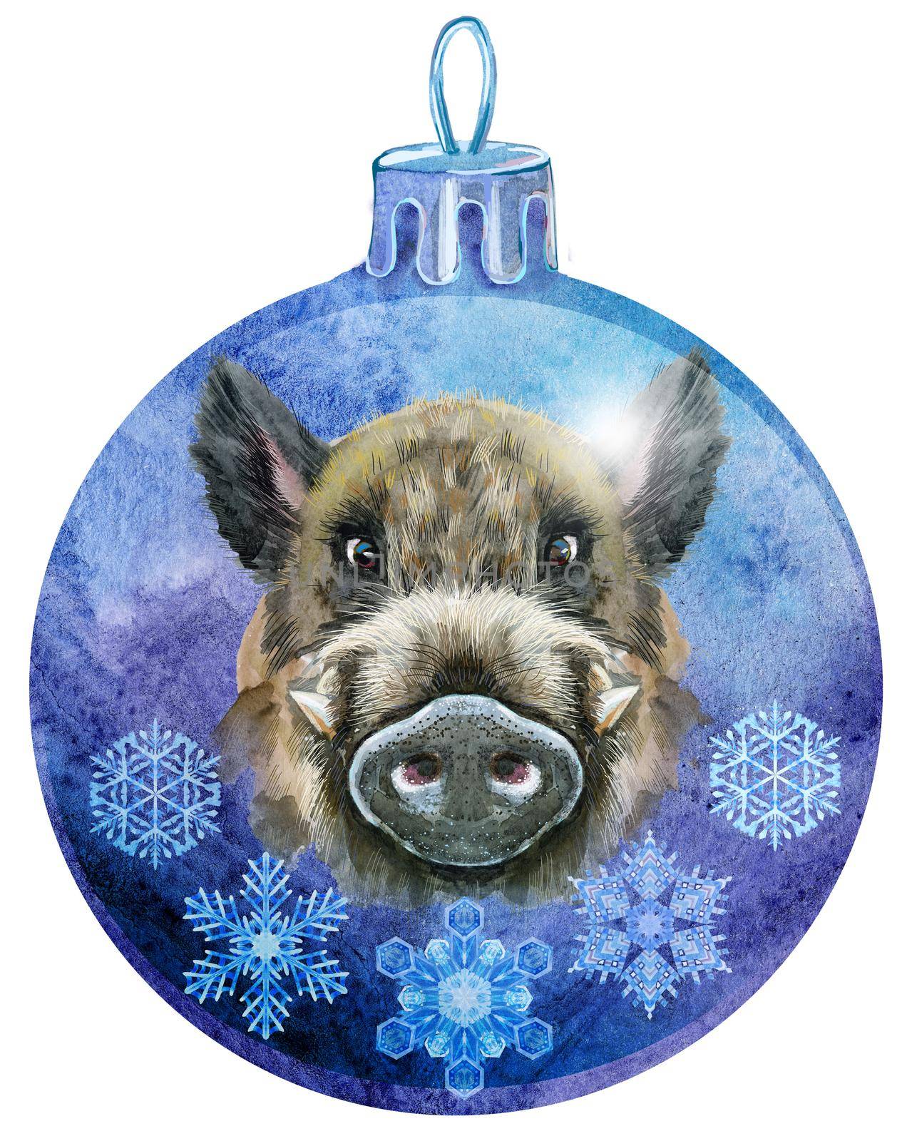 Watercolor violet Christmas ball with the image of a boar and snowlakes isolated on a white background. by NataOmsk