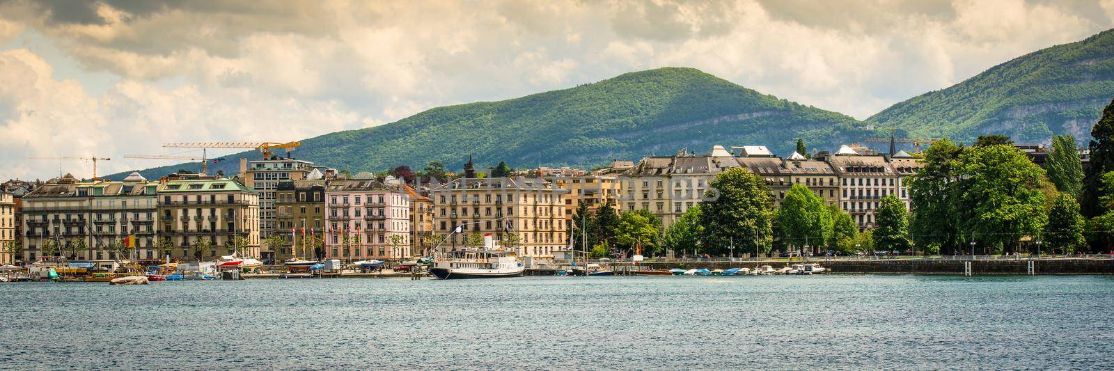 panoramic view of the modern embankment and the center of Geneva, Switzerland