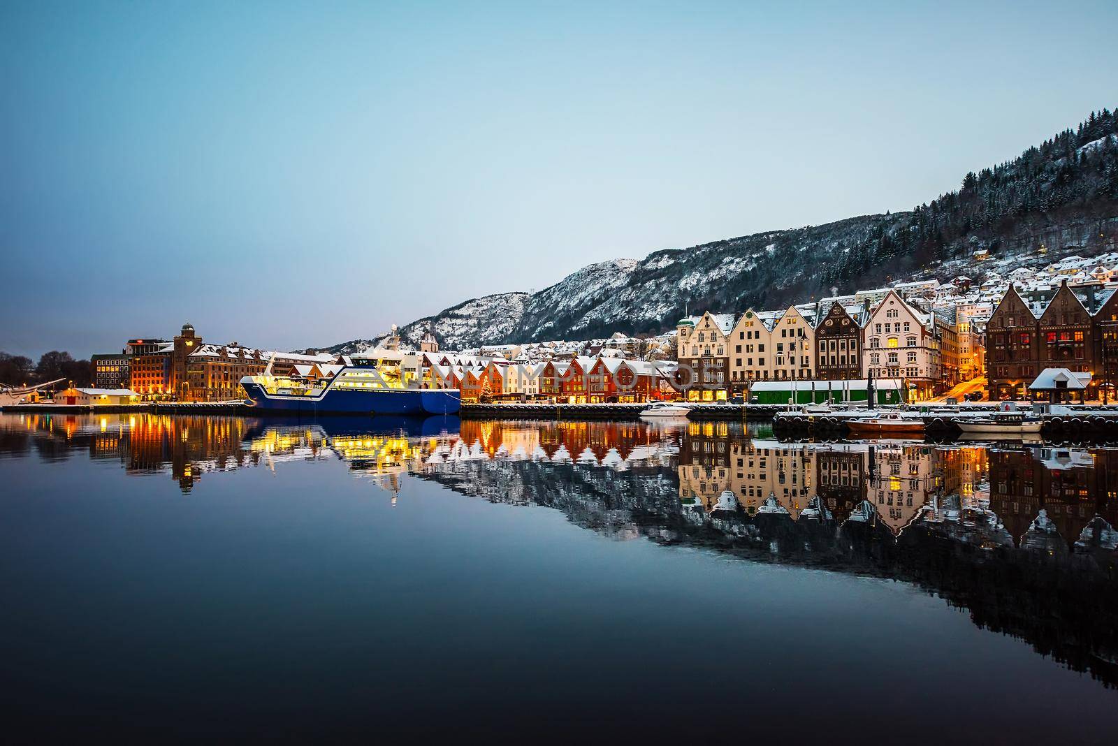 Famous Bryggen street with wooden colored houses in Bergen, Norway