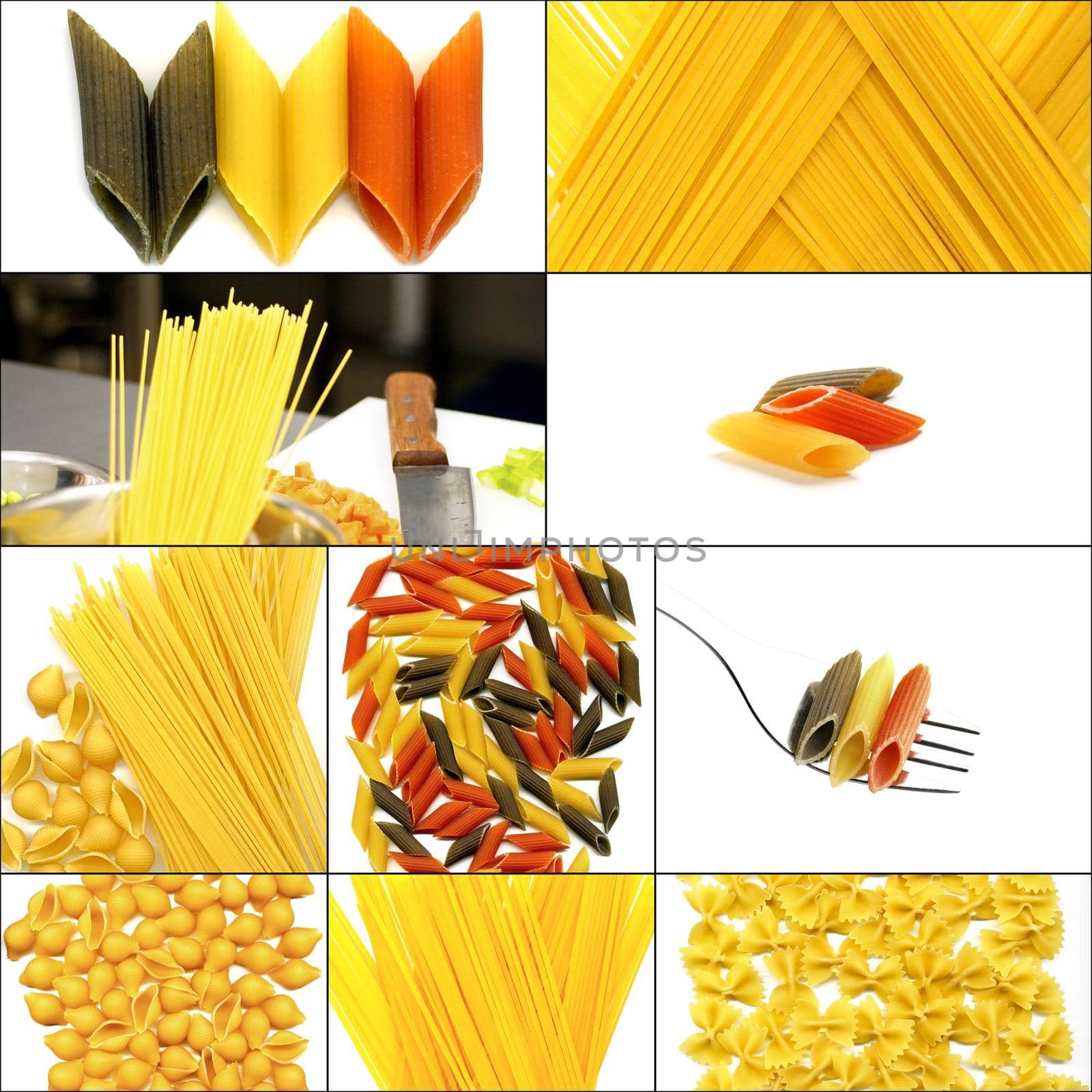 various type of Italian pasta collage on a square frame