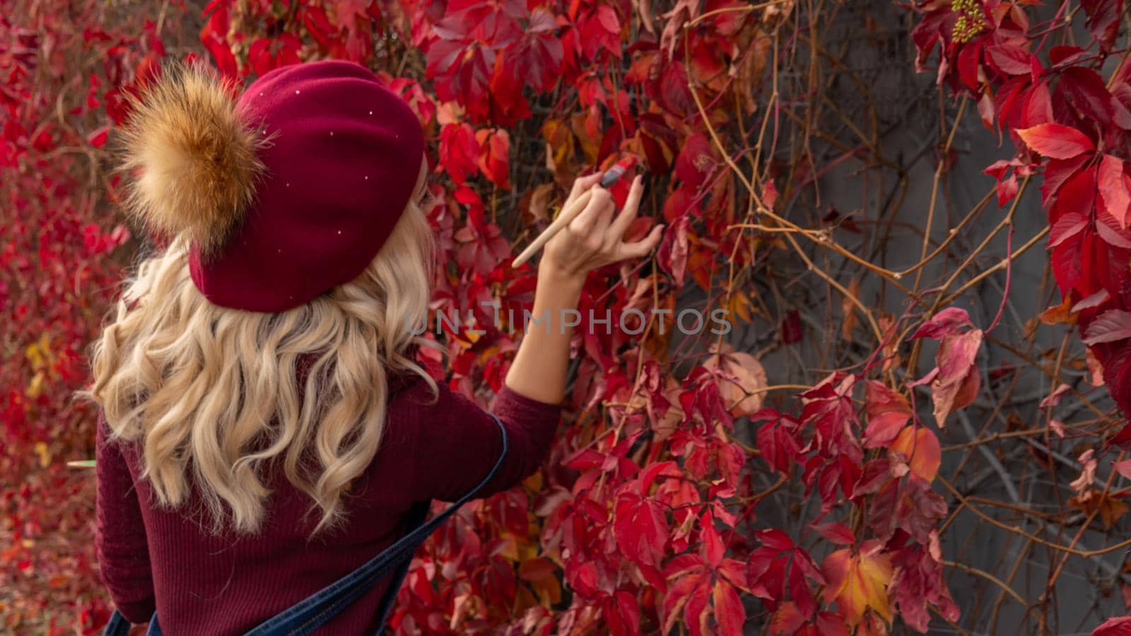 Canadian maple girl in red paints a wall with leaves in a beret and in a blouse, blonde Caucasian European beauty