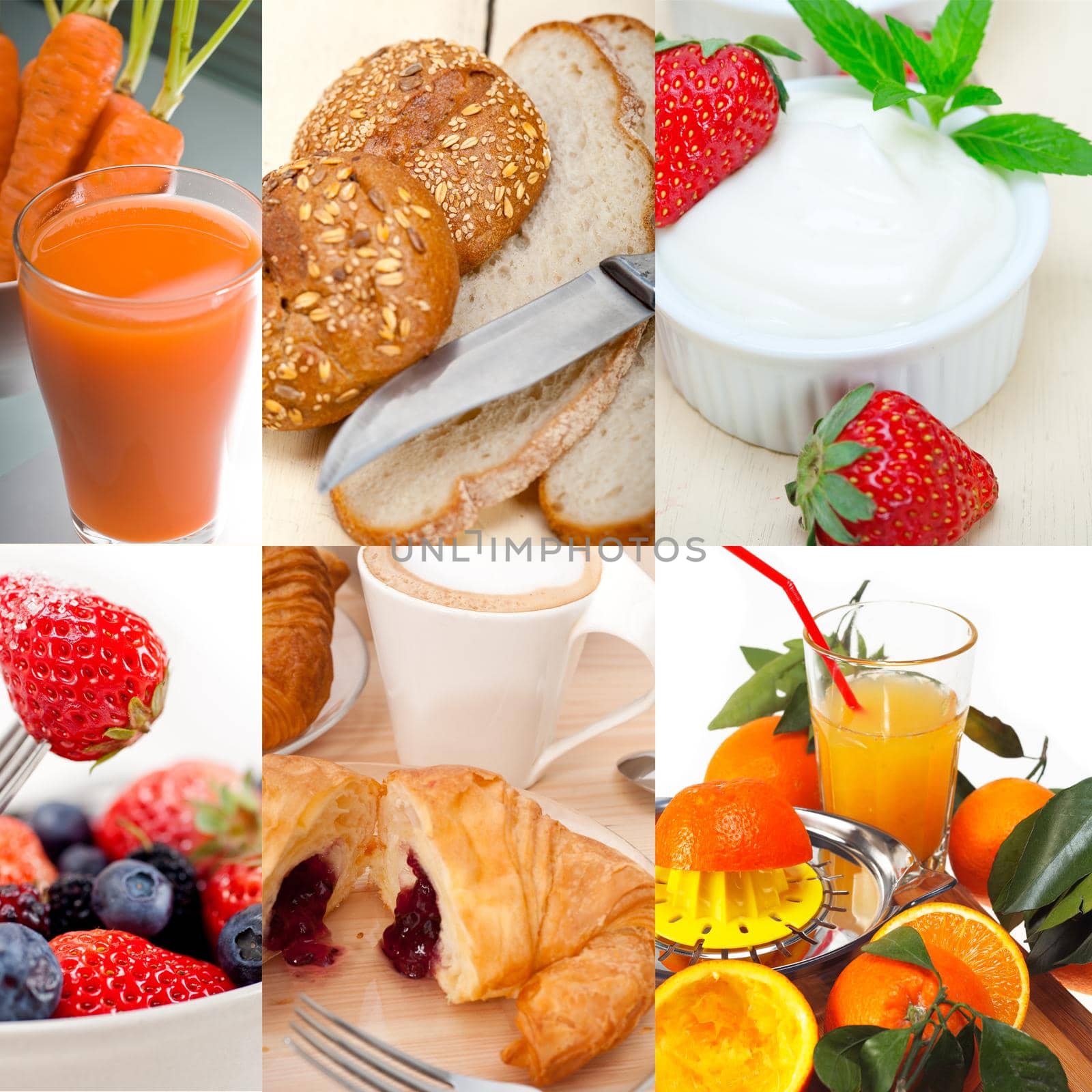 ealthy fresh nutritious vegetarian breakfast collage composition set