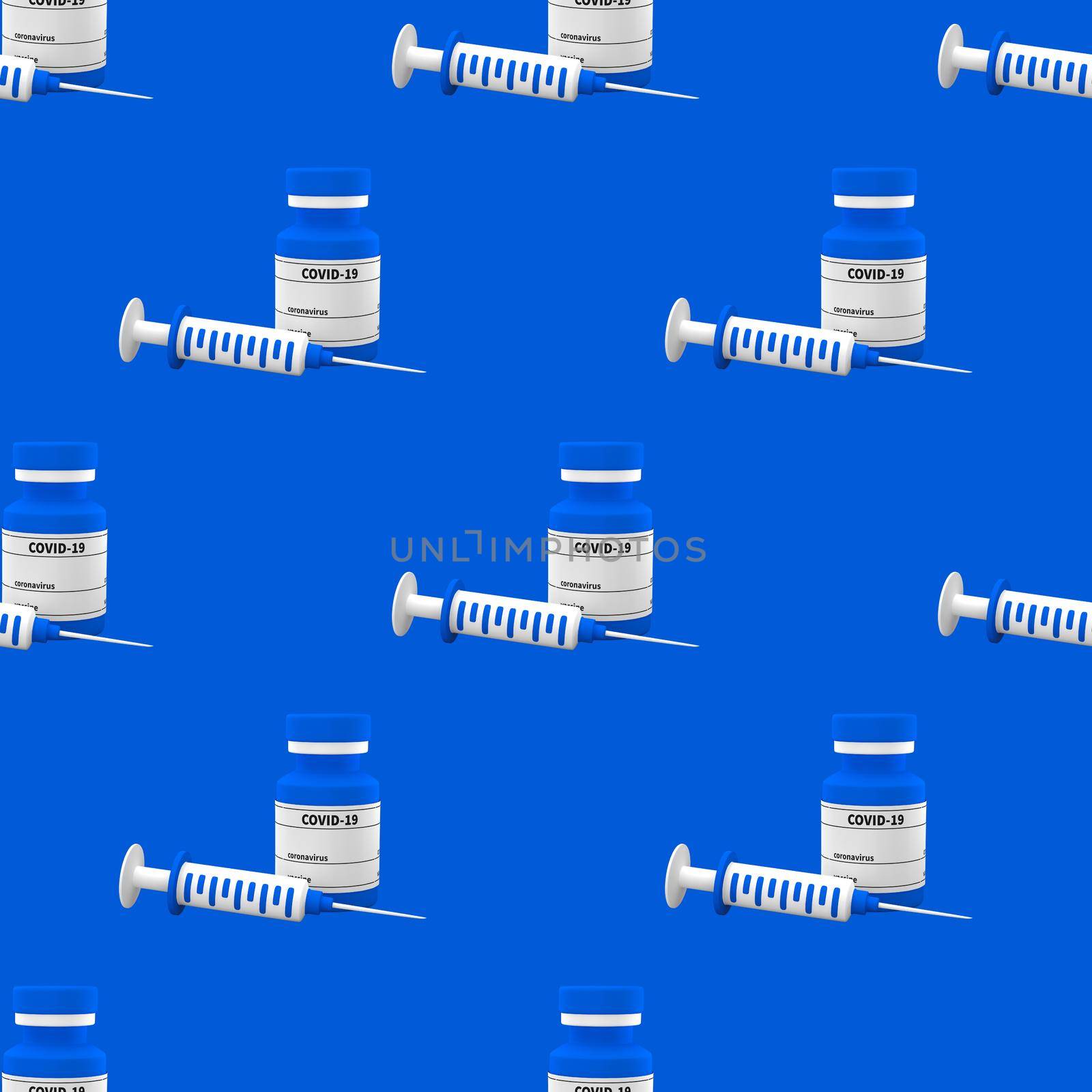 Syringe And Vaccine Bottle 3d render seamless pattern. minimal cartoon concept coronavirus, covid-19 corona virus vaccine vial with syringe 3d illustration