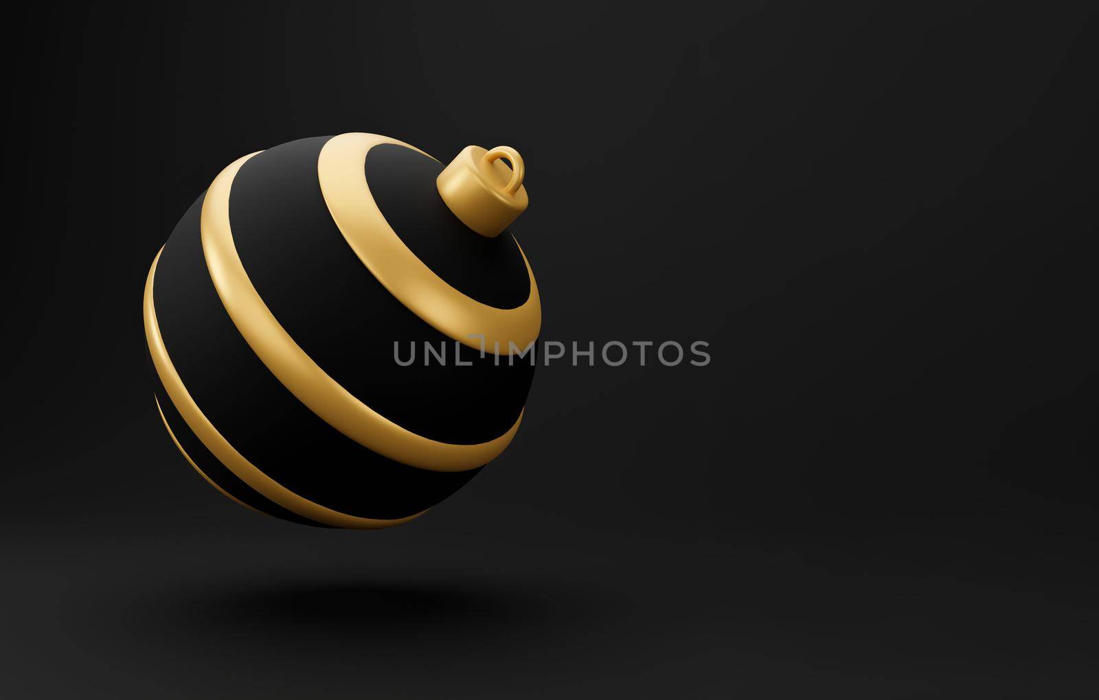 Merry Christmas and Happy New Year 3d render illustration card with ornate gold, black and silver xmas balls and decoration. Winter decoration, minimal design