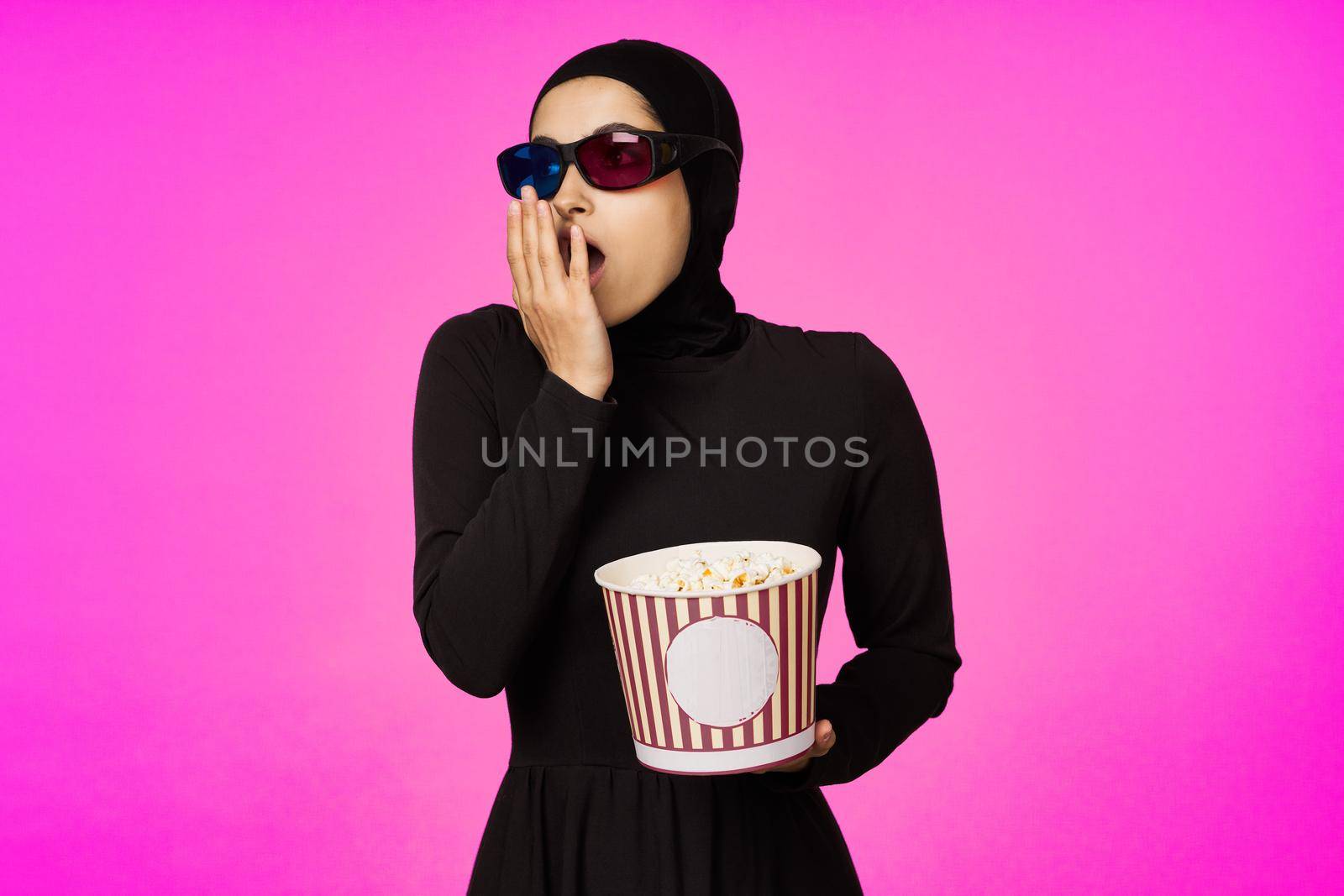 cheerful woman in 3D glasses popcorn entertainment movies model ethnicity by Vichizh