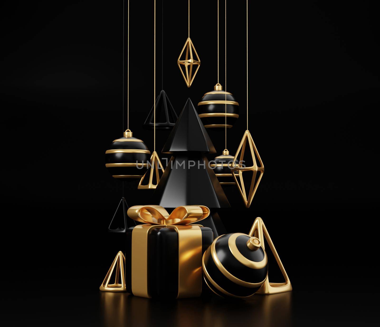 Luxury christmas 3d render banner or greeting card. Modern Minimal New year and Christmas gold and black Decoration with tree, candy, ball, gift box on black background