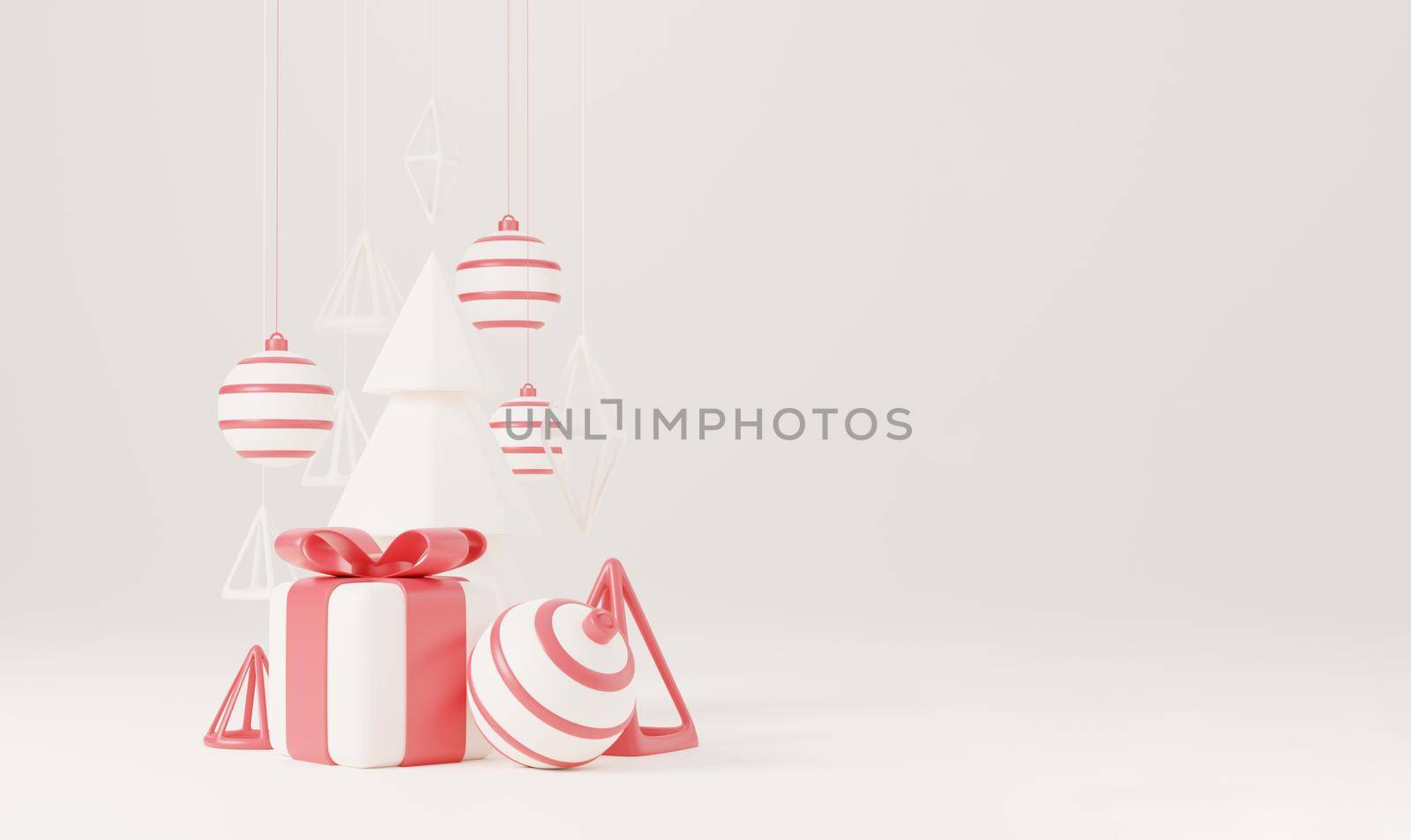 3d Christmas tree with red gift box and ball white background, xmas poster, web banner. 3d render illustration minimal style christmas and new year concept