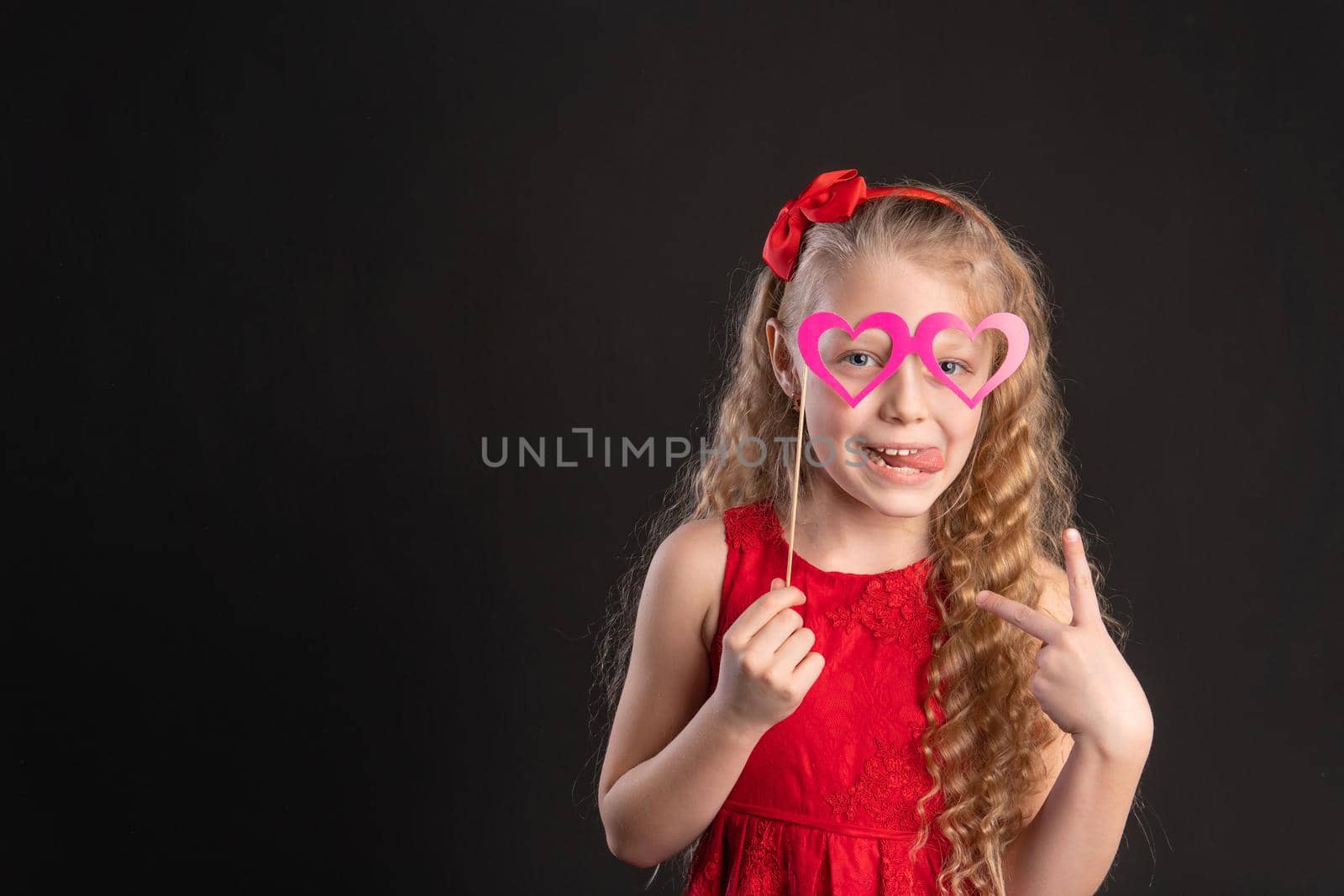 Masked glasses love hearts red, Valentine's day design, romantic hearts on the floor. shape. copy space formula of love, engagement in red dress girl, barefoot by 89167702191