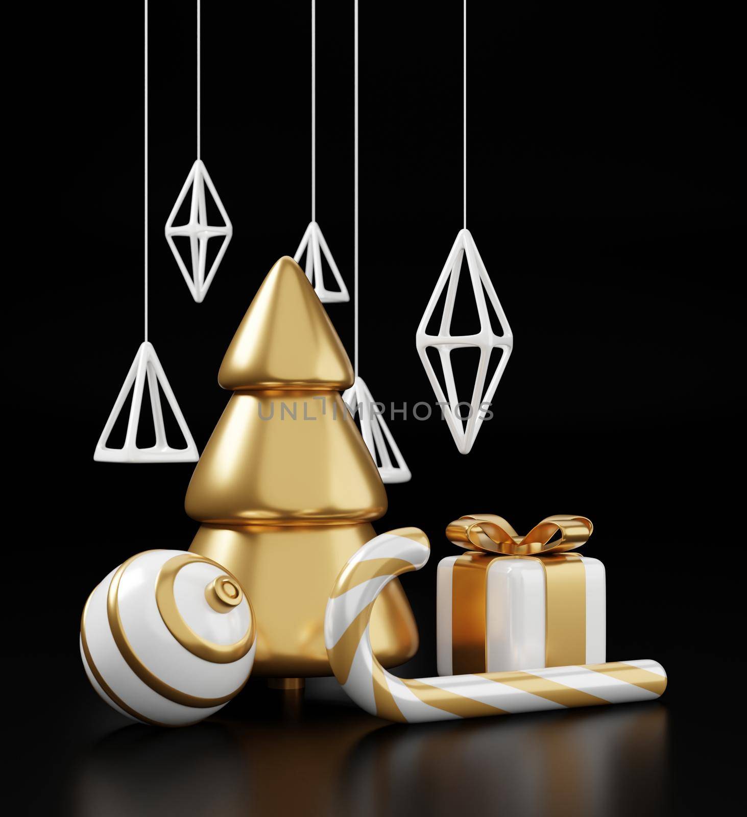 Luxury christmas 3d render banner or greeting card. Modern Minimal New year and Christmas gold and black Decoration with tree, candy, ball, gift box on black background